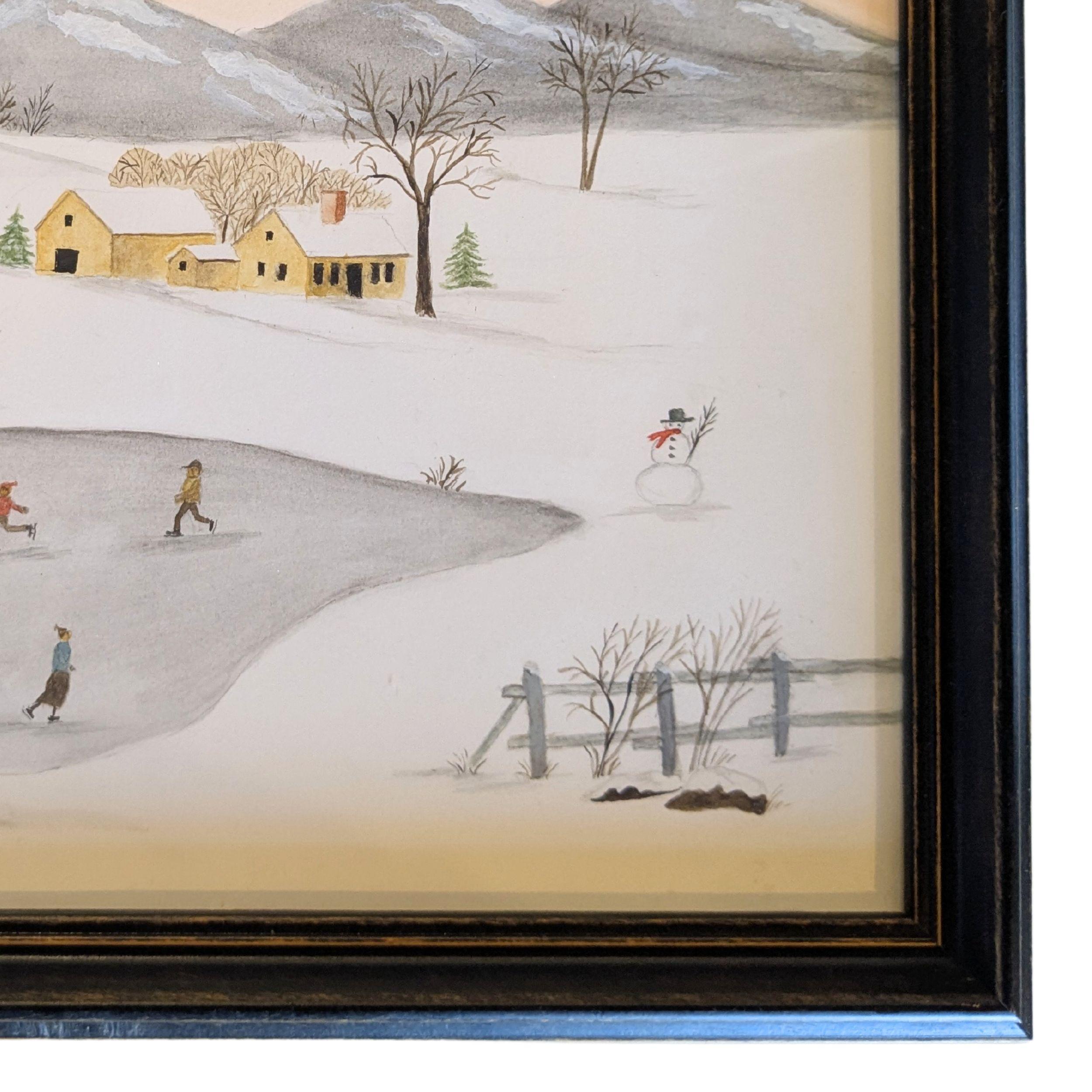 Skating on the Neighborhood Pond, signé - Gris Landscape Art par Evelyn S. Dubiel