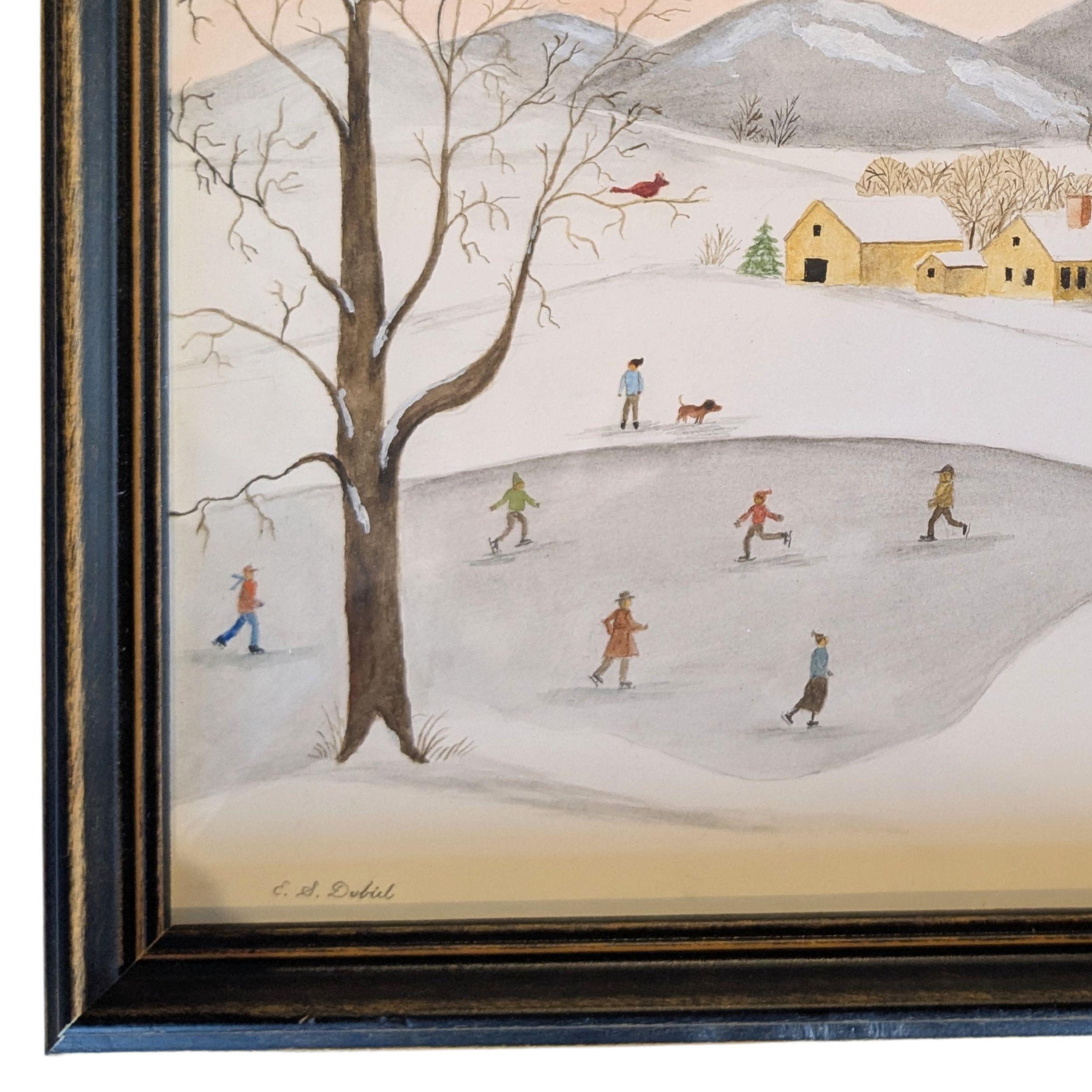 Skating on the Neighborhood Pond d'Evelyn S. Dubiel capture le charme tranquille d'une journée d'hiver avec une touche délicate et atmosphérique. Rendue à l'aquarelle sur papier, la scène se déroule avec six petits personnages glissant gracieusement