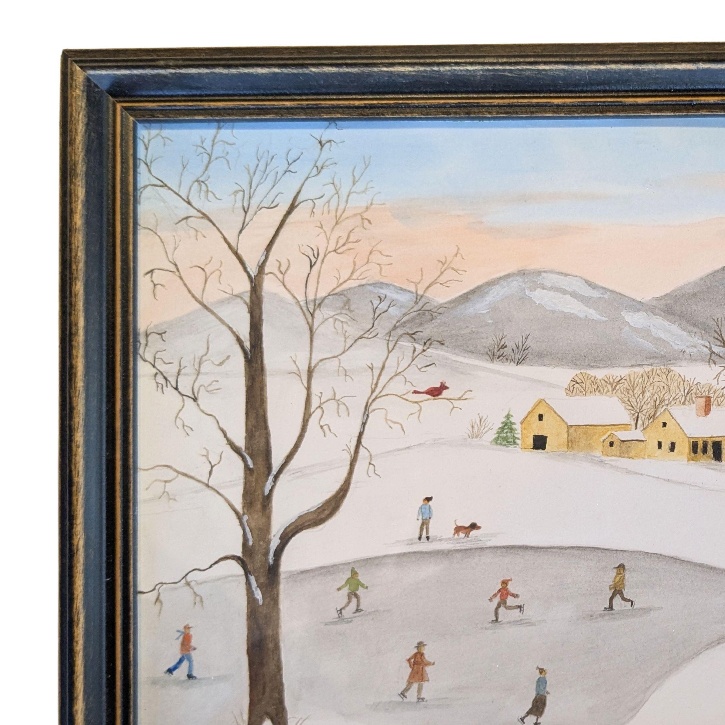 Skating on the Neighborhood Pond, signé - Art de Evelyn S. Dubiel