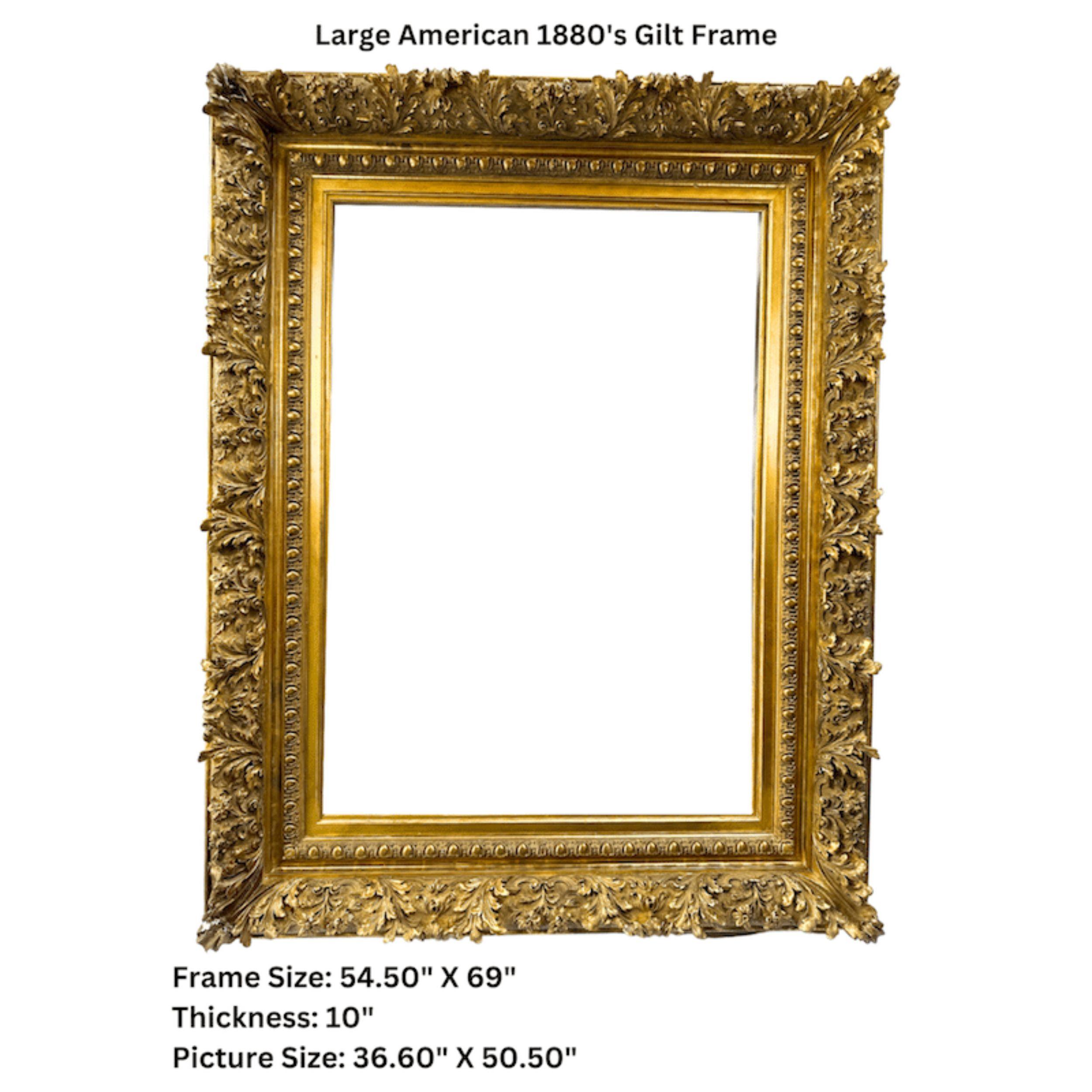 Grande cornice americana dorata Barbizon del 1880 con motivi di acanto e cartiglio in vendita 4