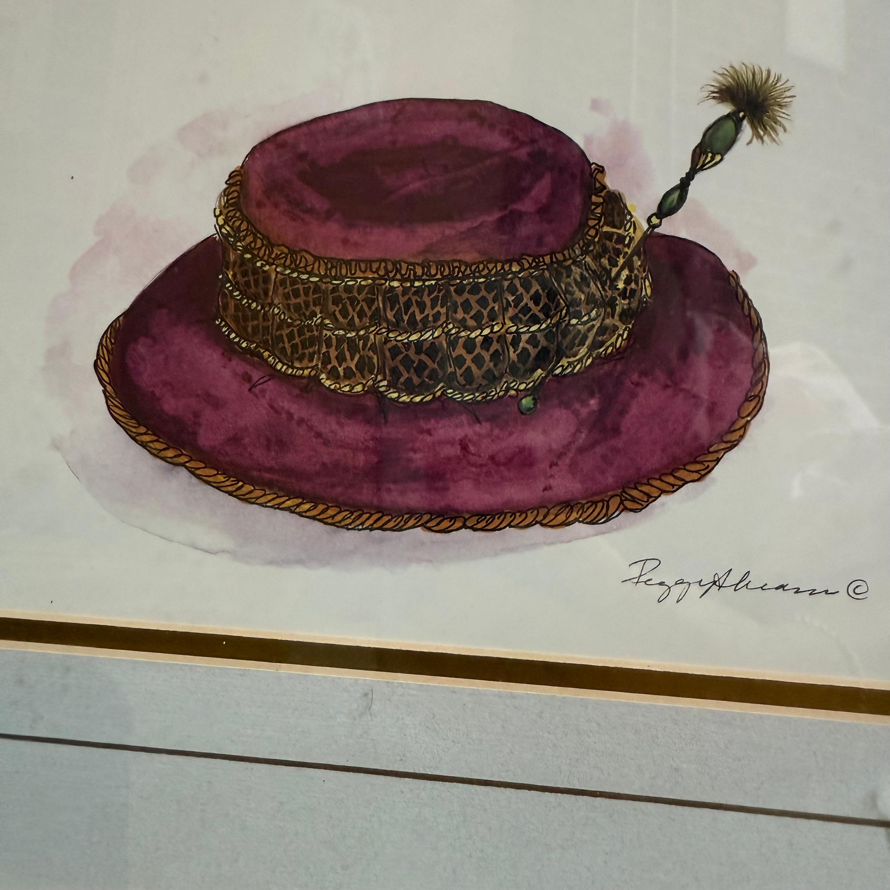 Illustration de chapeau à l'aquarelle par Peggy Abrams, encadrée en vente 2