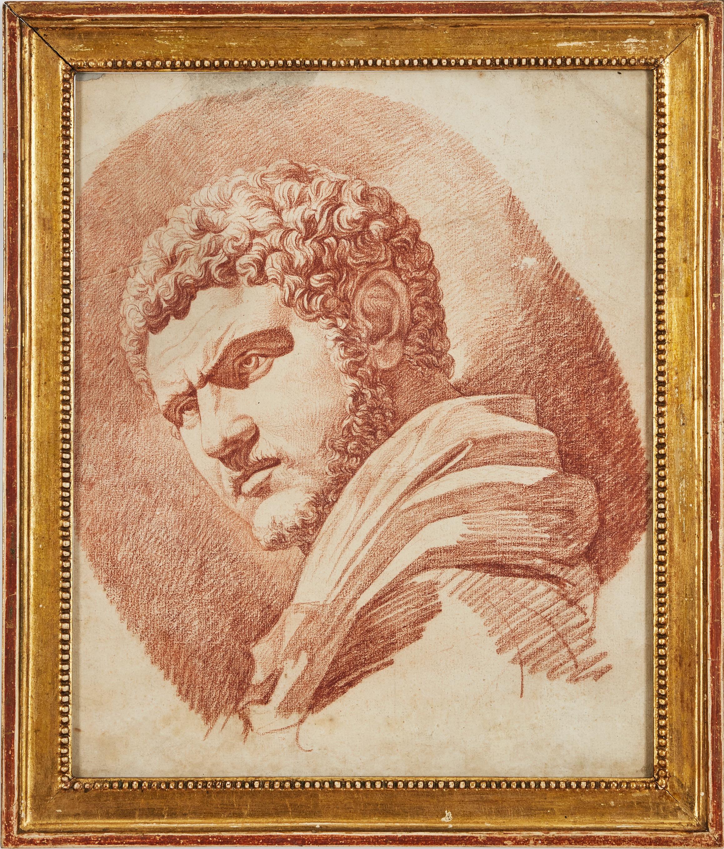 An 18th century study drawing of a bust depicting Caracalla, possibly executed by Johan Tobias Sergel during his Roman period. Red chalk on paper with watermarks, (drawing without frame 49 x 39 cm) , mounted in a Gustavian frame, probably original,
