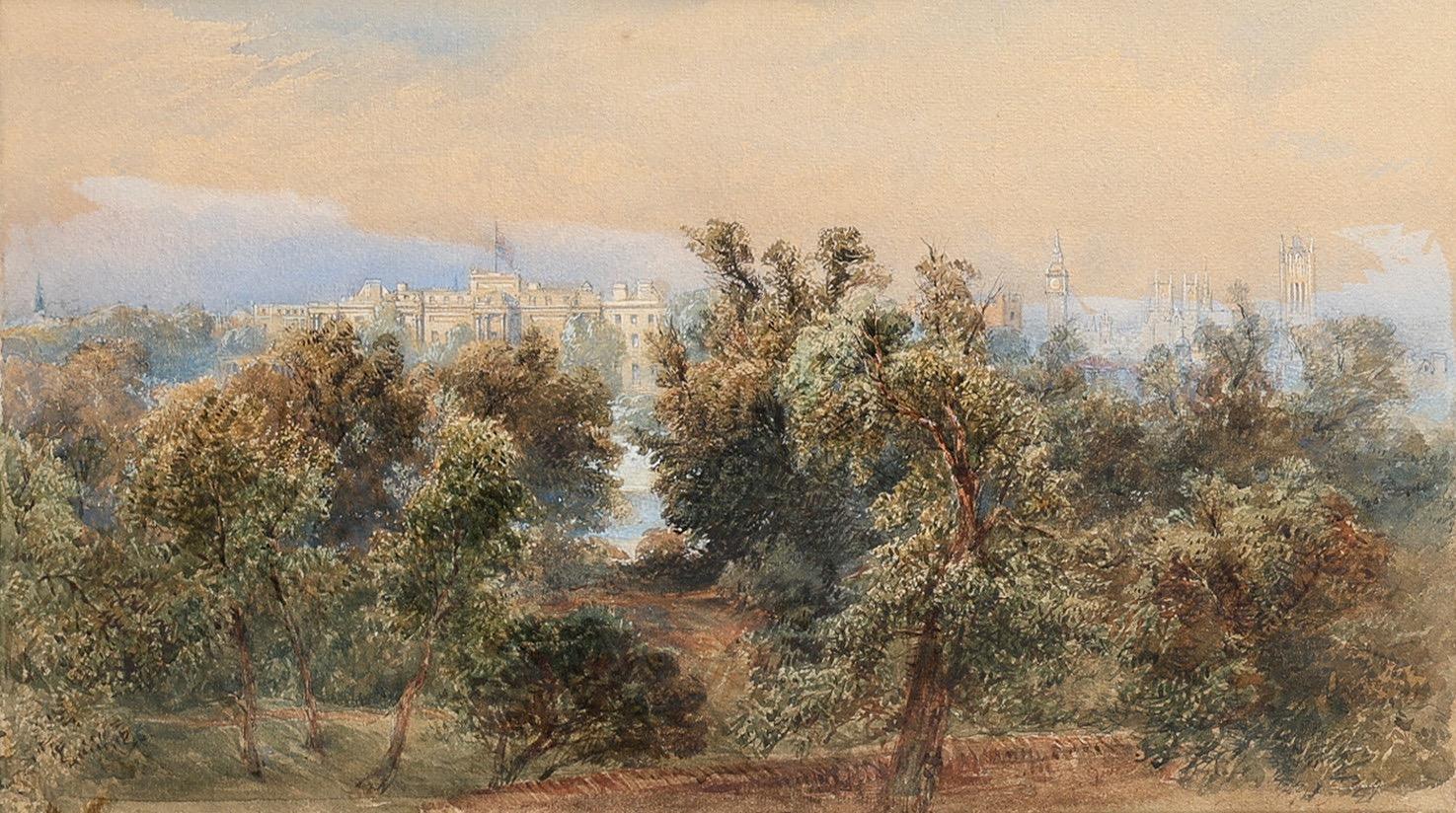 Unknown Landscape Art – Ansicht über Buckingham Palace Garden, Big Ben und Westminster Palace  