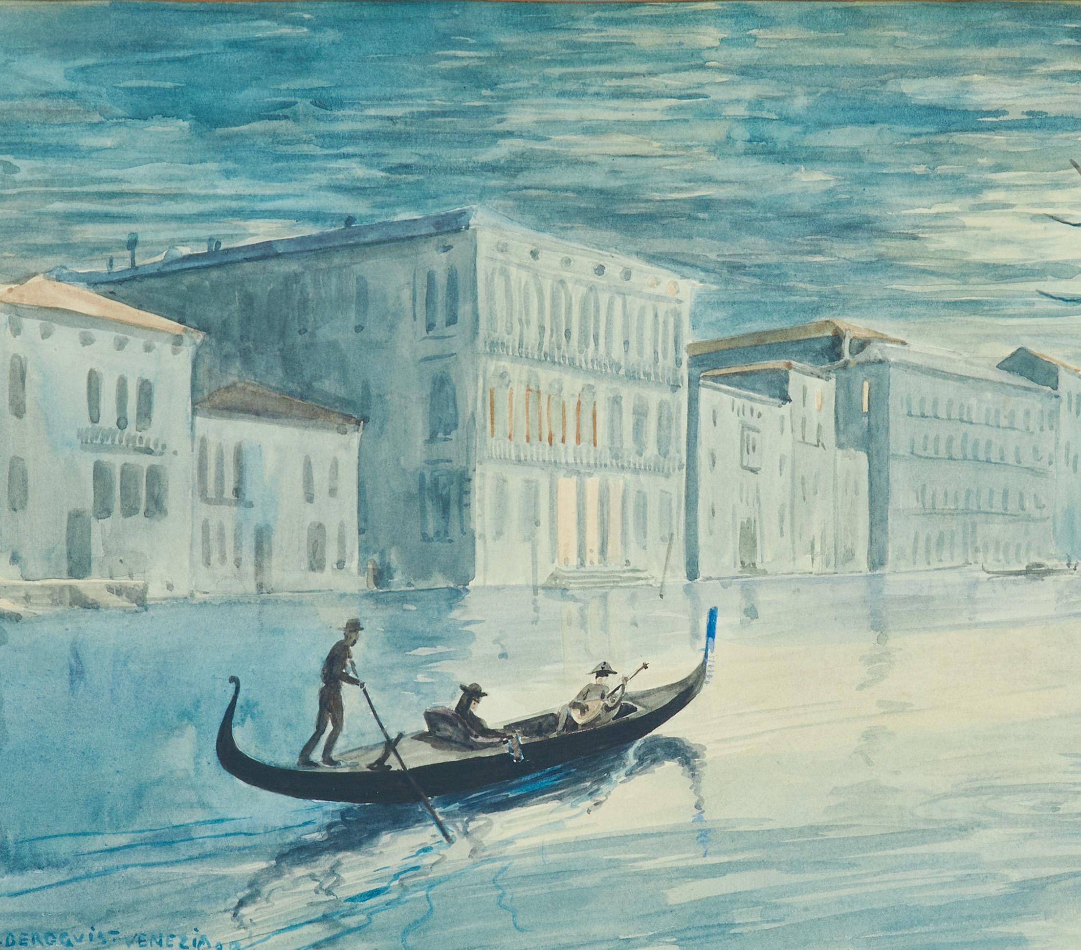 Escena a la luz de la luna en Venecia con góndola - Landscape Art Gris de Karl Bergqvist