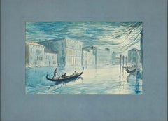 Moonlight Scene in Venice Watercolor, Signed 1929, Serene Gondola