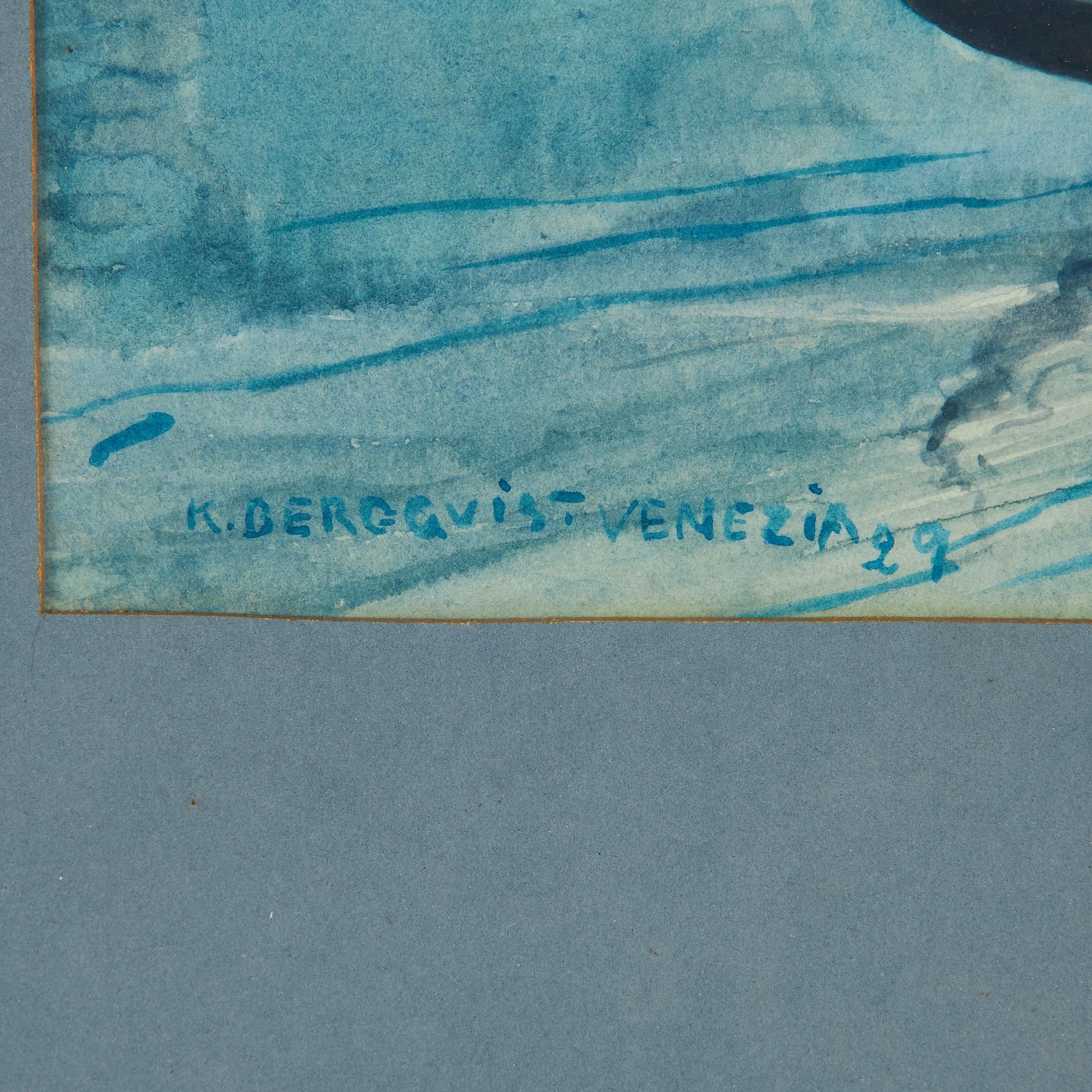 Acuarela que representa una escena nocturna de Venecia, con una góndola deslizándose lentamente por el agua bajo la luna llena, por Karl Bergquist. Firmado y fechado 