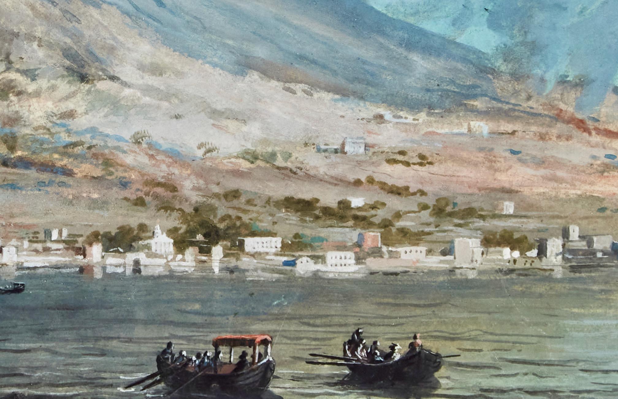 Erupción del Vesubio el 14 de diciembre de 1776. Aguada y acuarela sobre papel, por un artista desconocido, posiblemente sueco.

Esta vista de la bahía de Nápoles, muy decorativa y cautivadora, se centra en el majestuoso monte Vesubio, representado