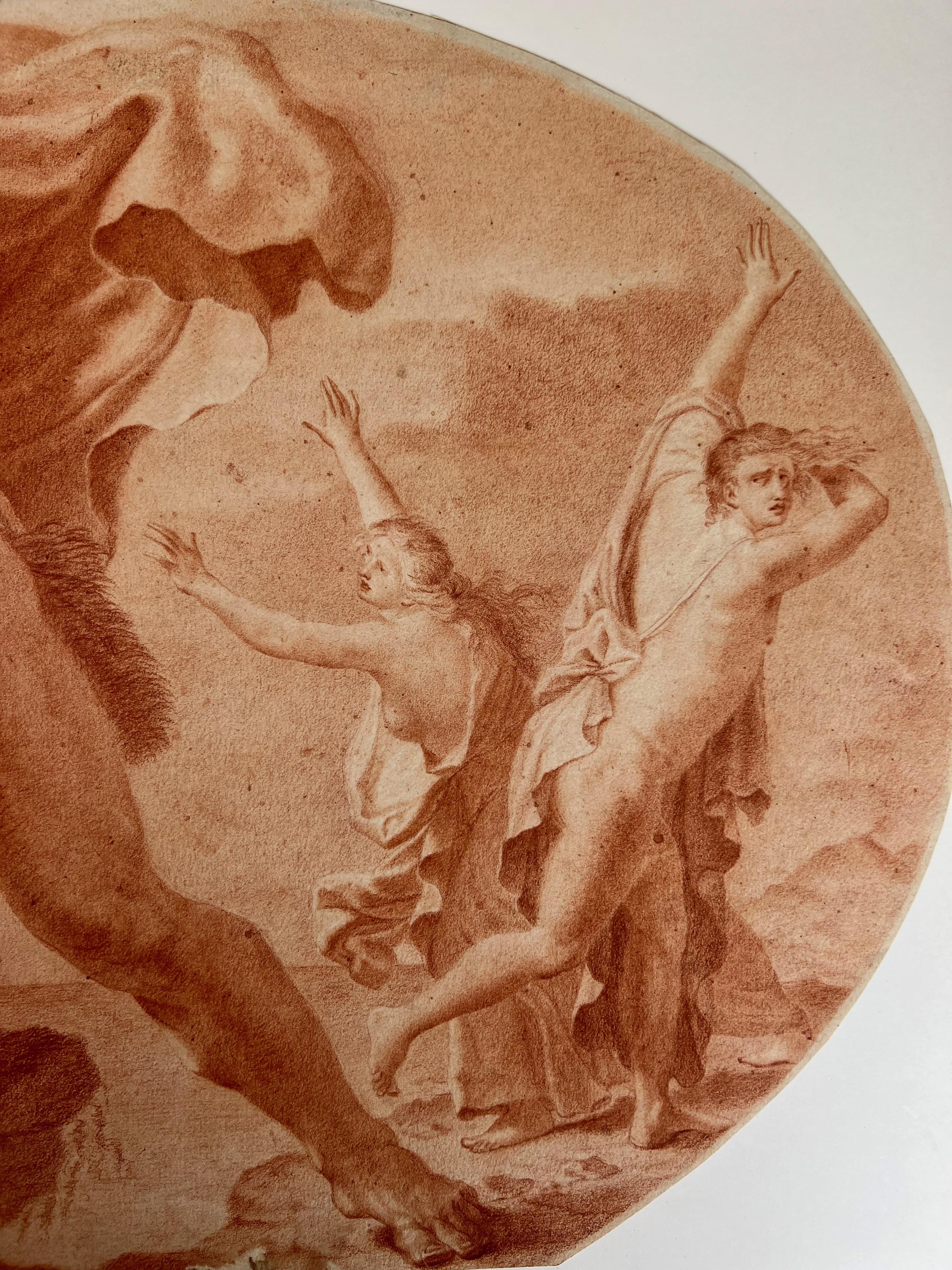 An Italian red chalk drawing depiction on paper, probably 17th or 18th century, illustrating the dramatic scene of Polyphemus hurling a boulder at Acis and Galatea.  Attributed to an unidentified, probably Italian master, the composition portrays a