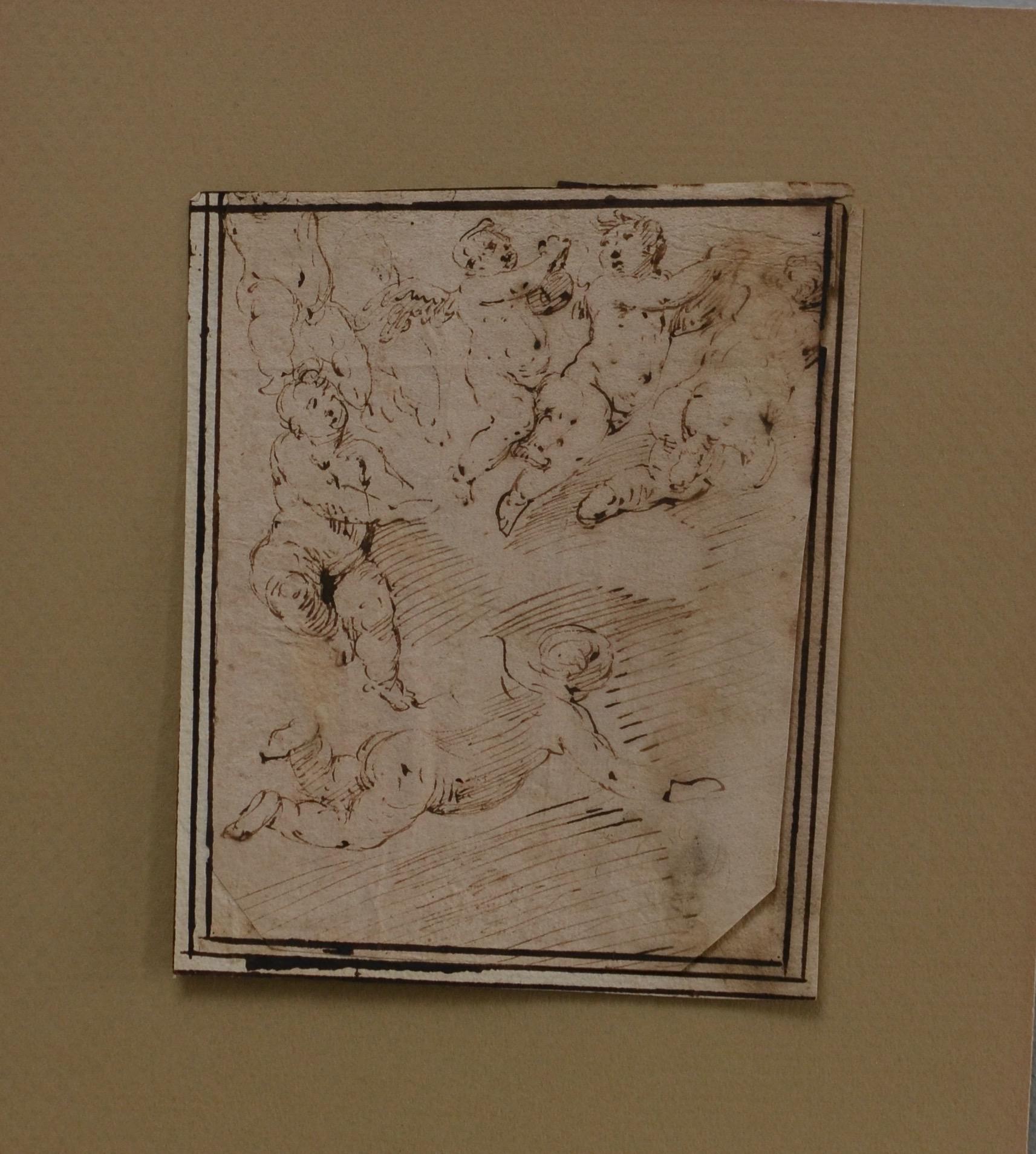 Petite étude italienne du 17e/18e siècle à l'encre sépia représentant 6 putti dans différentes positions. Papier monté sur papier. A tergo écrit 