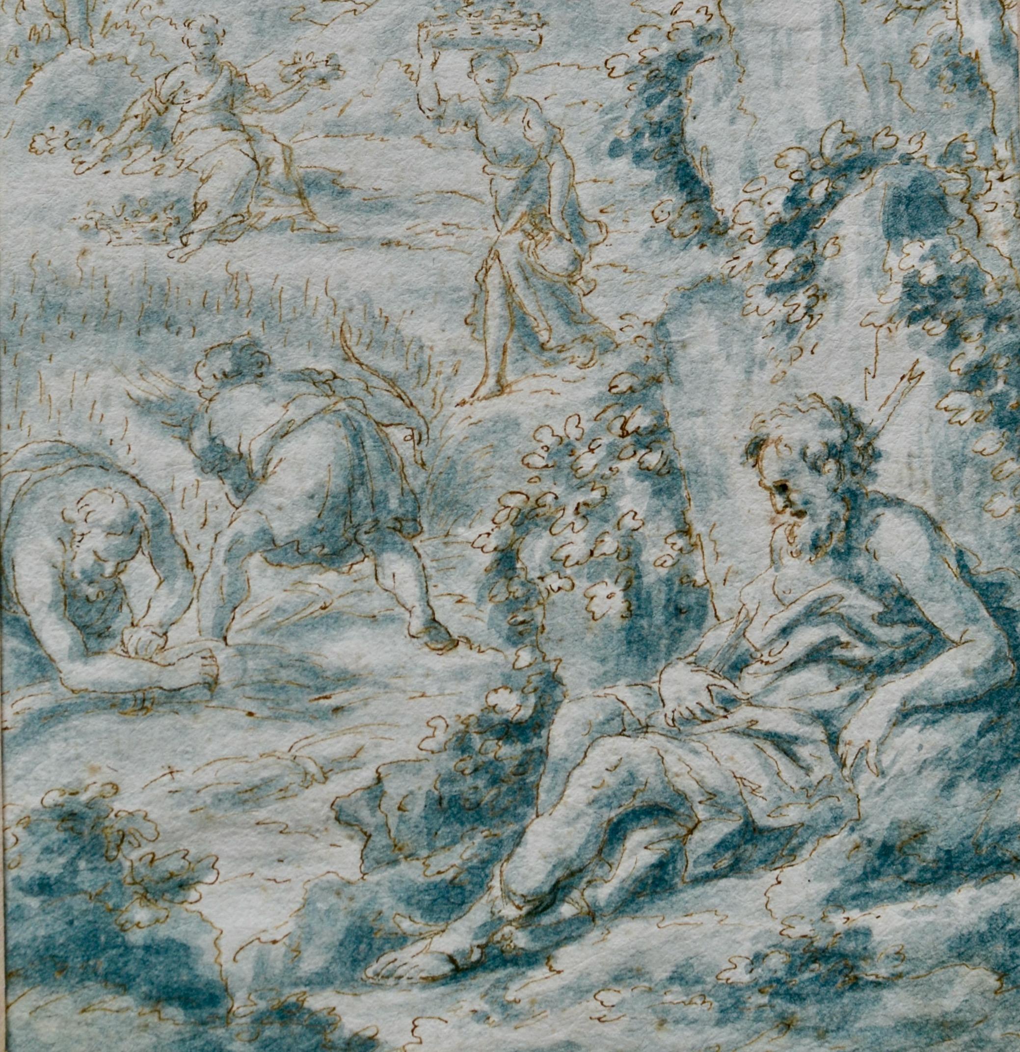 Figures du 17e siècle Récolte dans un paysage de collines - Art de Antonio Grano