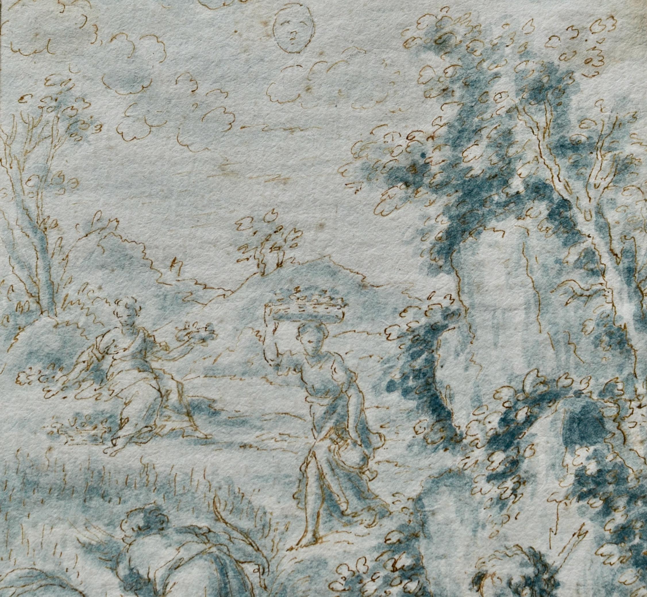 Figures du 17e siècle Récolte dans un paysage de collines - École italienne Art par Antonio Grano