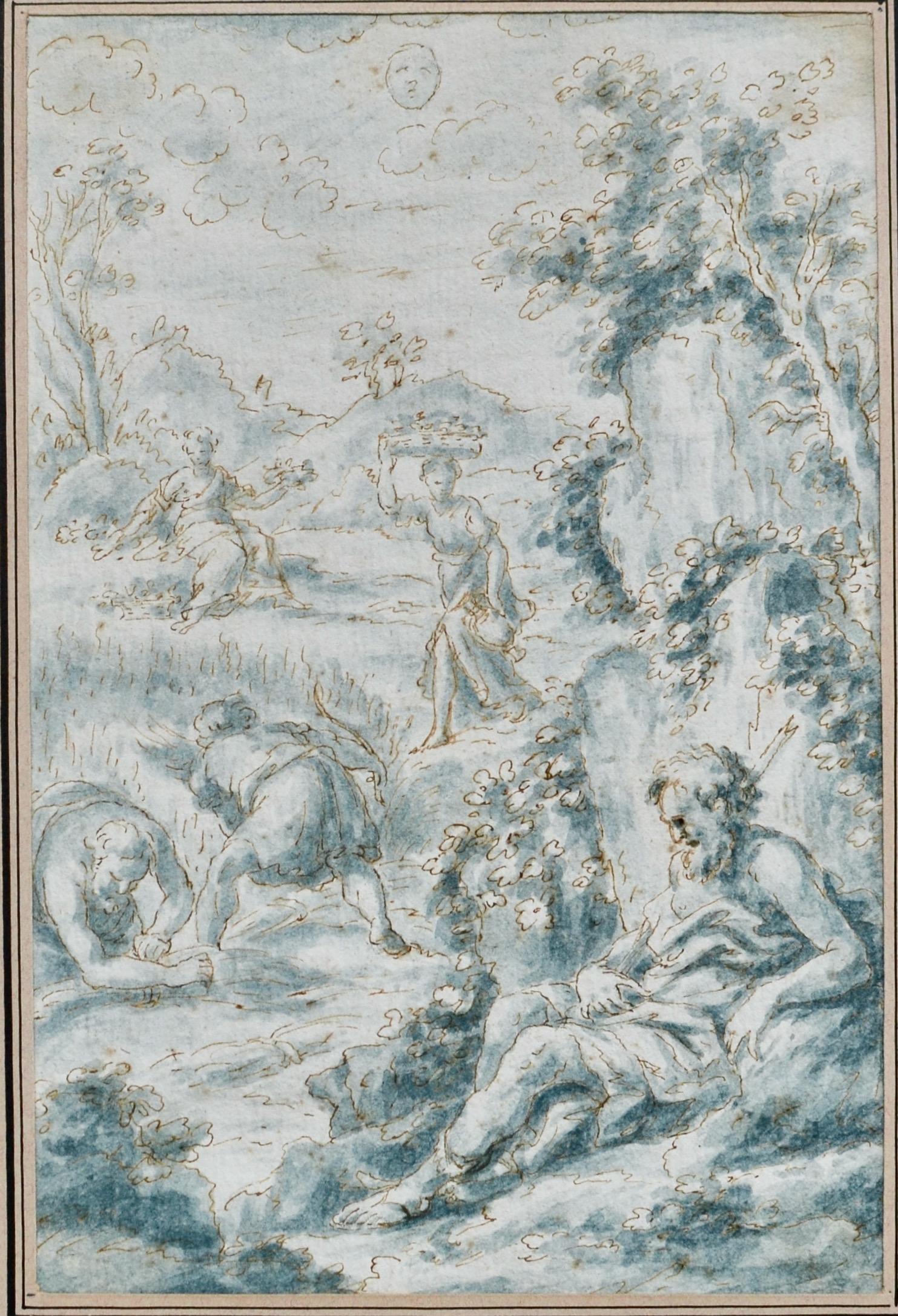 Une belle aquarelle et un dessin en sépia de personnes récoltant dans un paysage de collines, attribués à Antonio I.C. (c.1669-1718). Sur le devant de l'image, un berger se repose contre un rocher. Deux hommes préparent des gerbes de blé et, plus