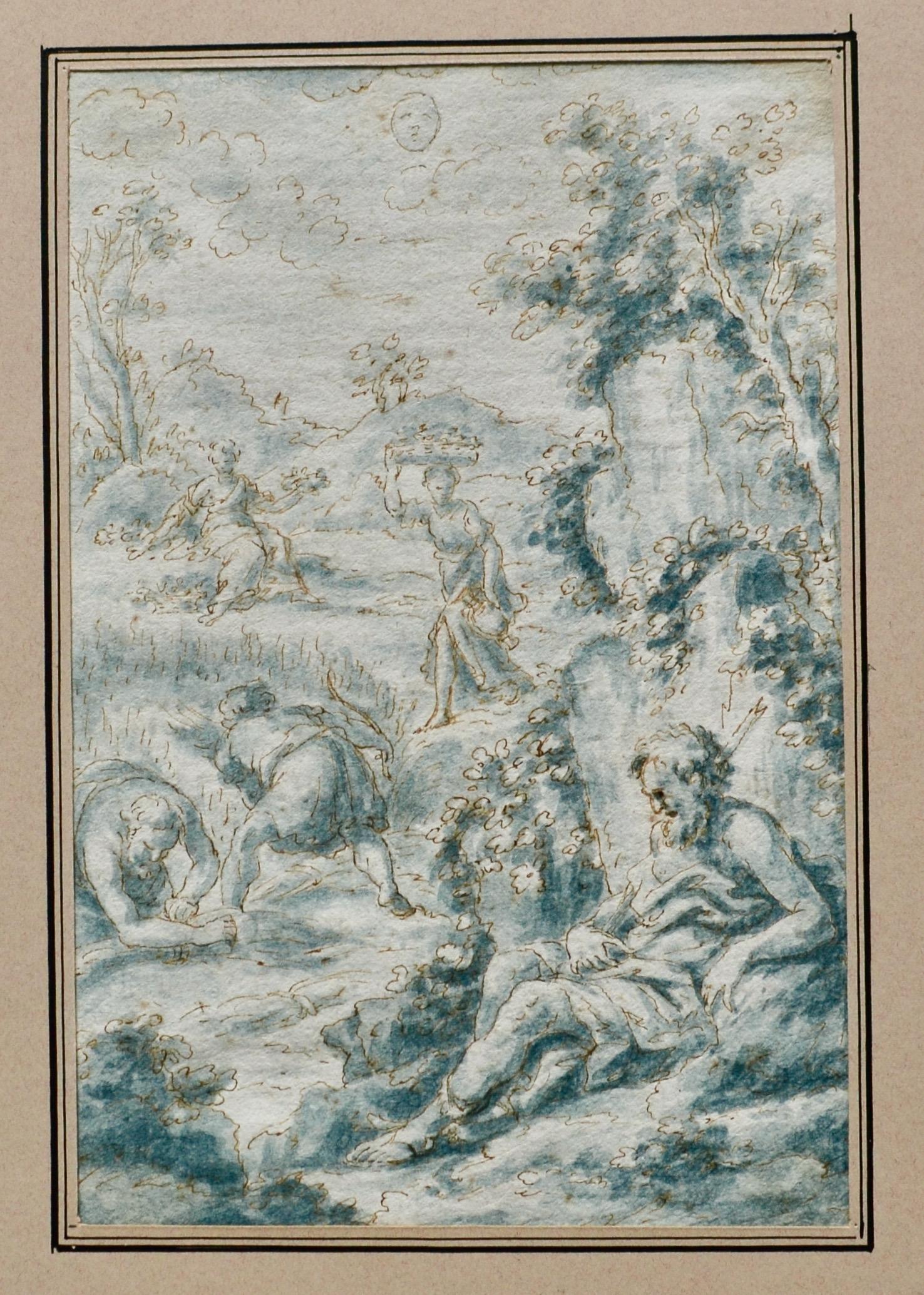 Figures du 17e siècle Récolte dans un paysage de collines - Gris Figurative Art par Antonio Grano