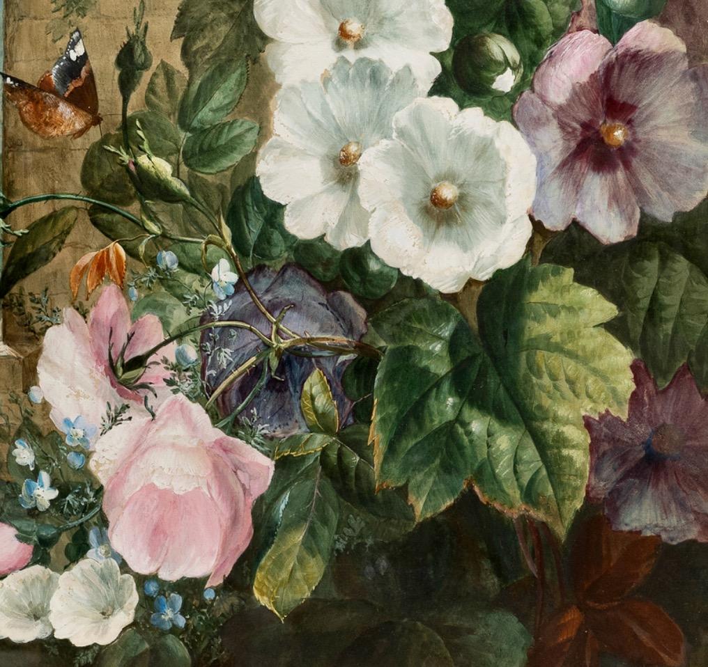 Malvarrosas y rosas en un jardín con mariposas - Art Naturalista de Unknown