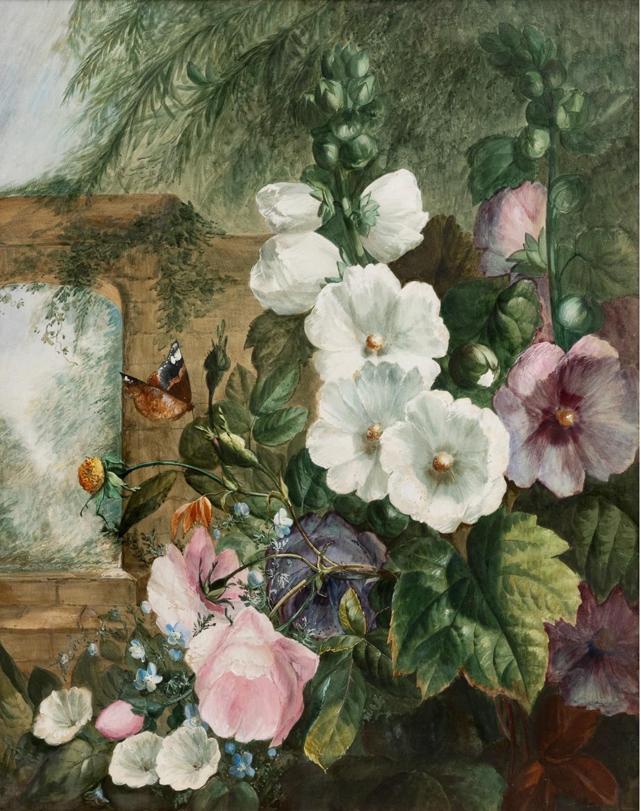 Malvarrosas y rosas en un jardín con mariposas - Art de Unknown