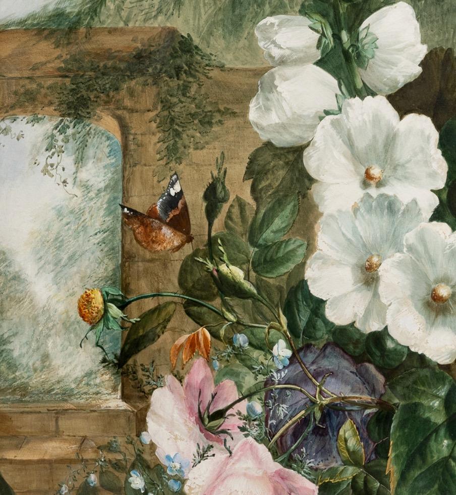 Malvarrosas y rosas en un jardín con mariposas - Landscape Art Beige de Unknown