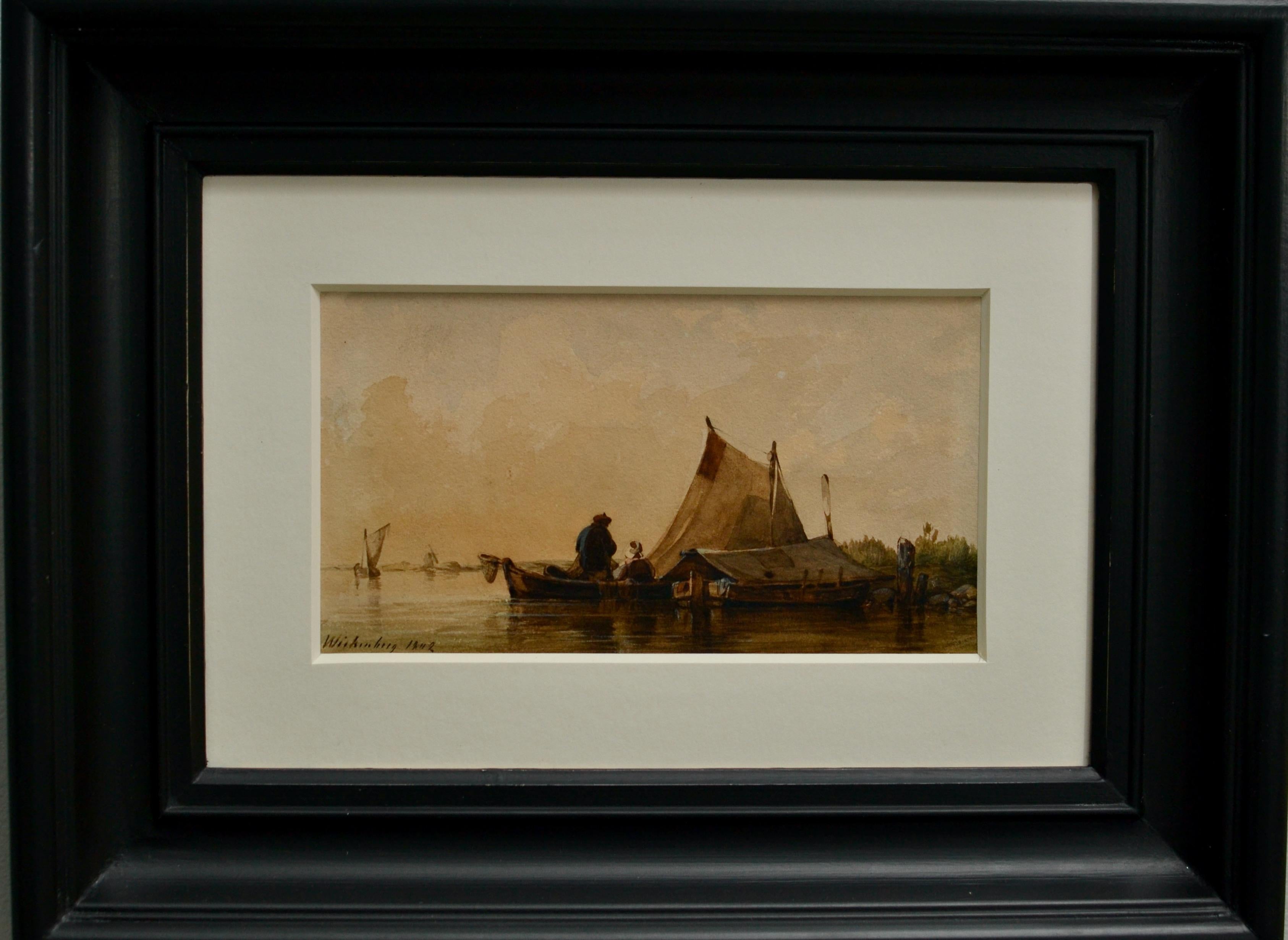 A Serene Dawn by the Lake with Villagers