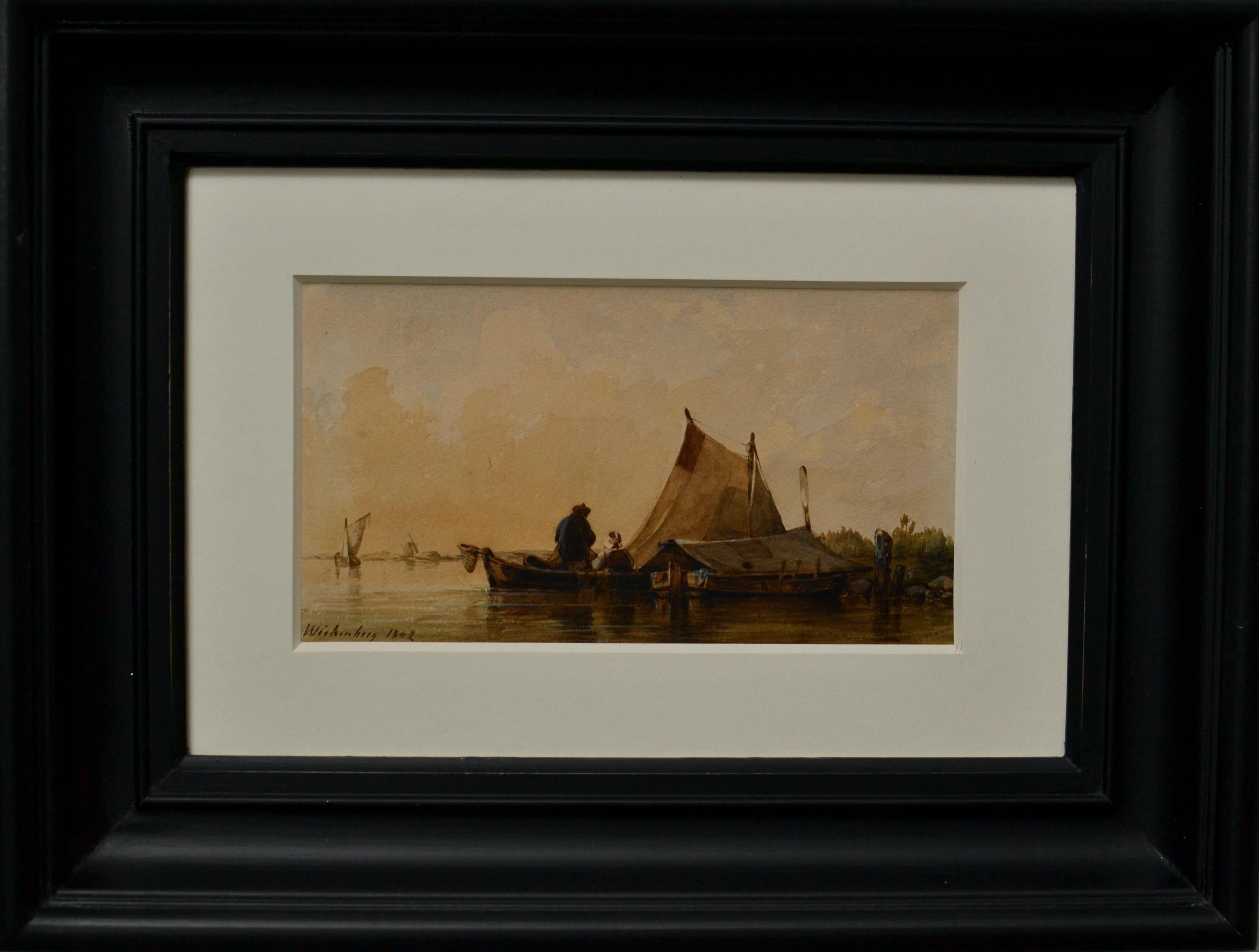 Eine ruhige Morgendämmerung am See mit Dorfbewohnern (Schwarz), Figurative Art, von Pehr Wickenberg