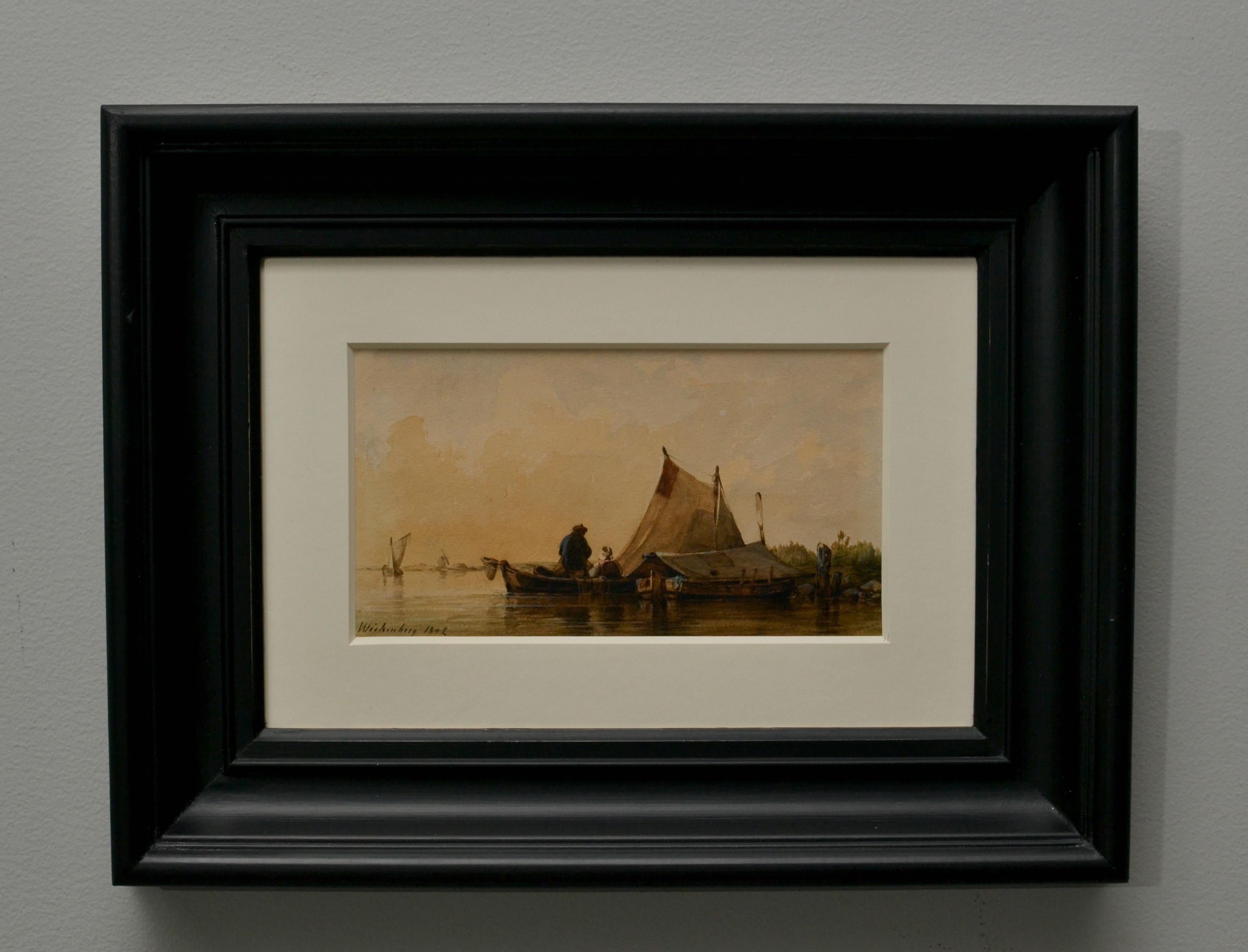 Eine ruhige Morgendämmerung am See mit Dorfbewohnern (Sonstige Kunststile), Art, von Pehr Wickenberg