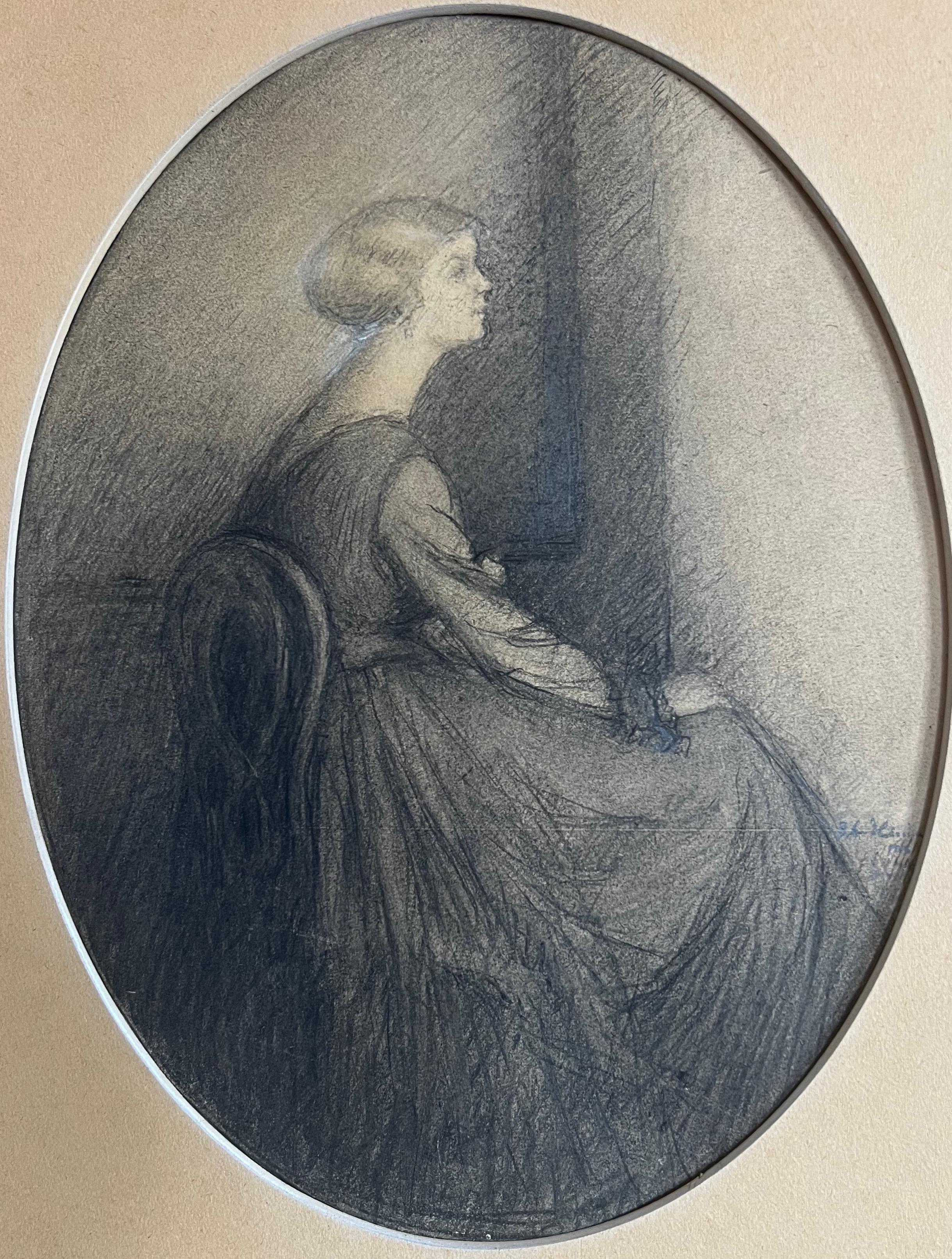 A finely tuned oval drawing by the Finnish artist Ester Helenius depicting a young woman in profile seated on a chair. The room is suggested only by a diffuse background. Signed and dated Ester Helenius 1916 in the lower right. Charcoal and white