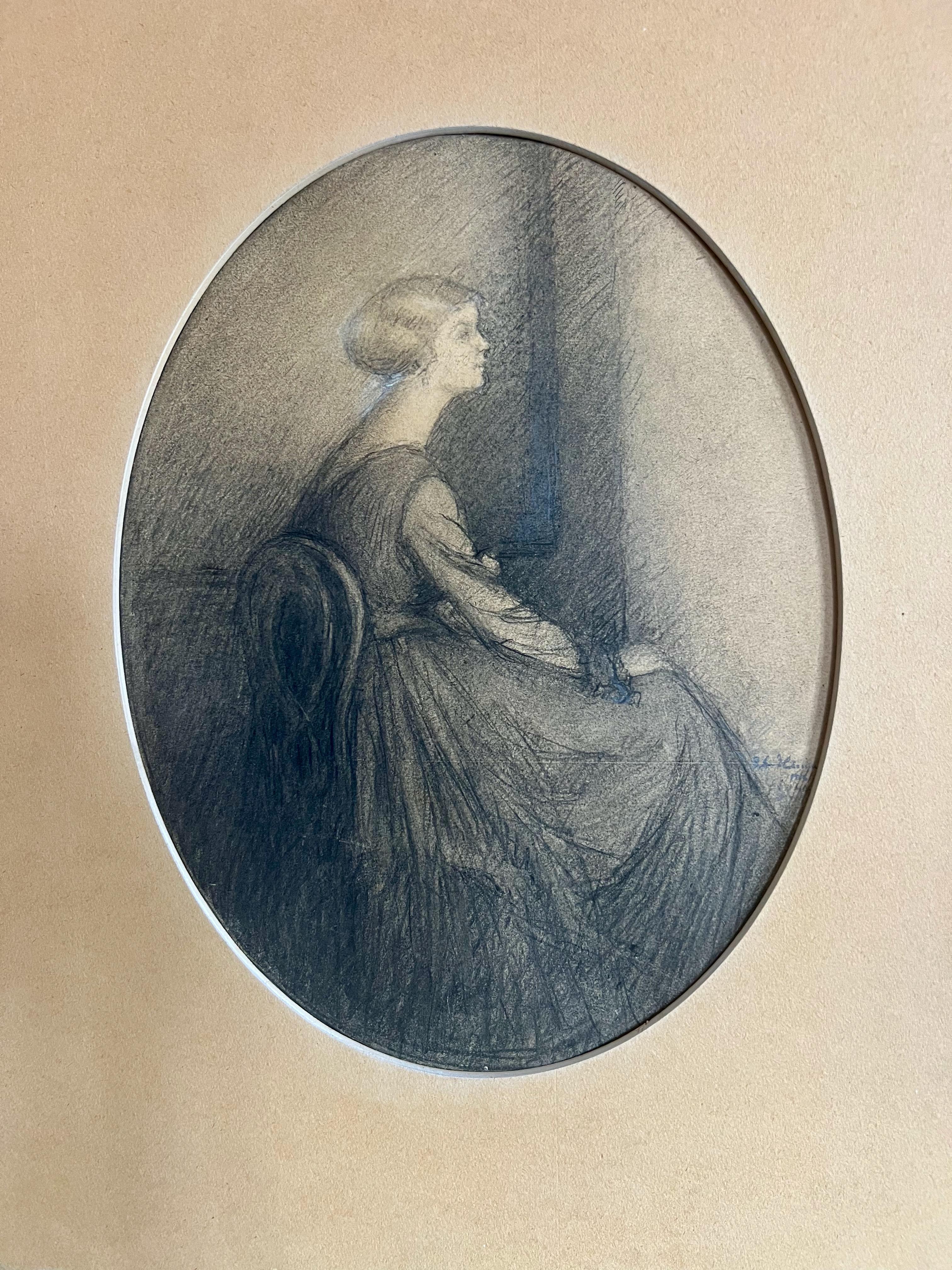 Profile Portrait of a Woman Sitting on a Chair - Jugendstil Art by Ester Helenius