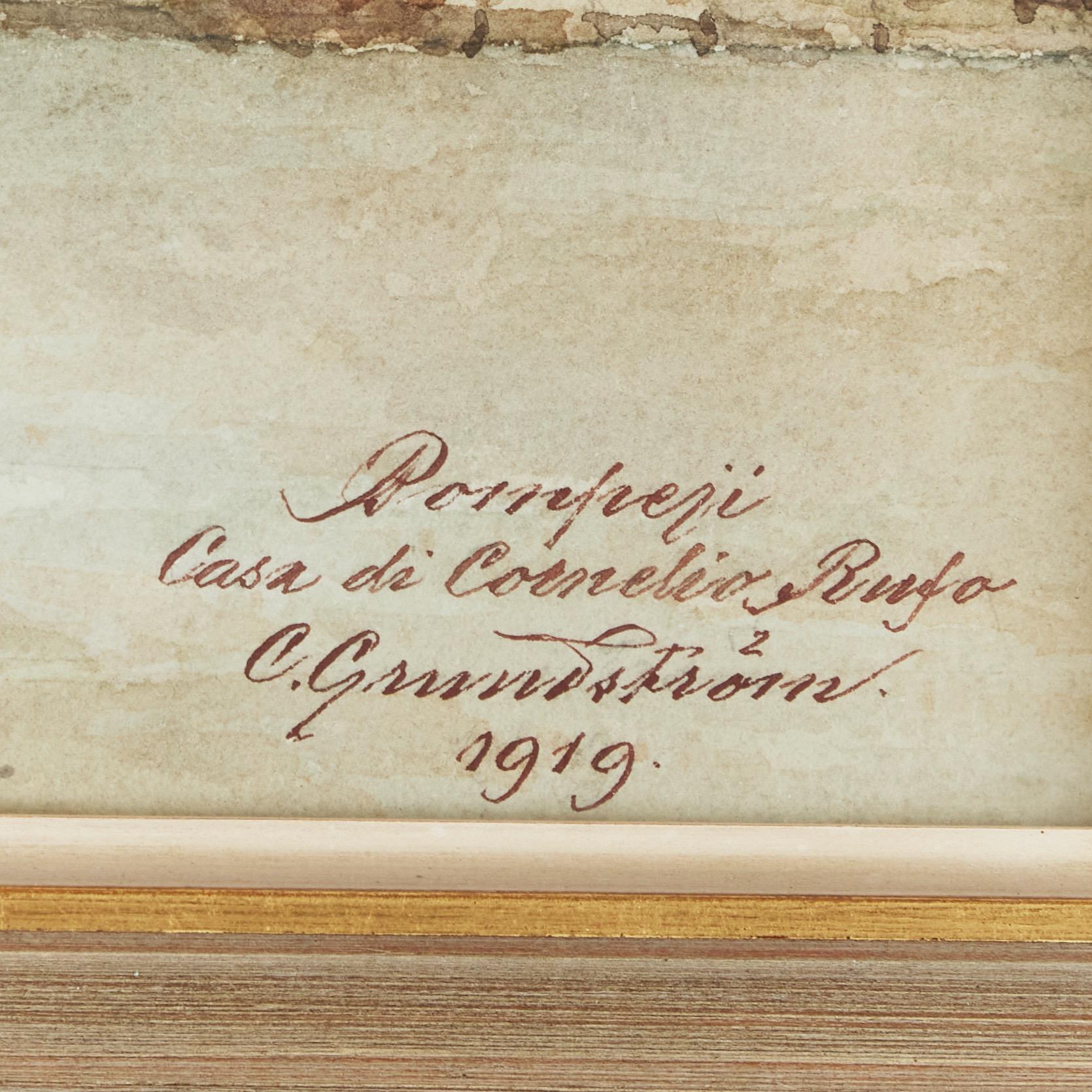 Acquerello con un accattivante motivo di Pompei, con il Vesuvio sullo sfondo e, in primo piano, una veduta interna della Casa di Cornelio Rufo. Firmato e datato 