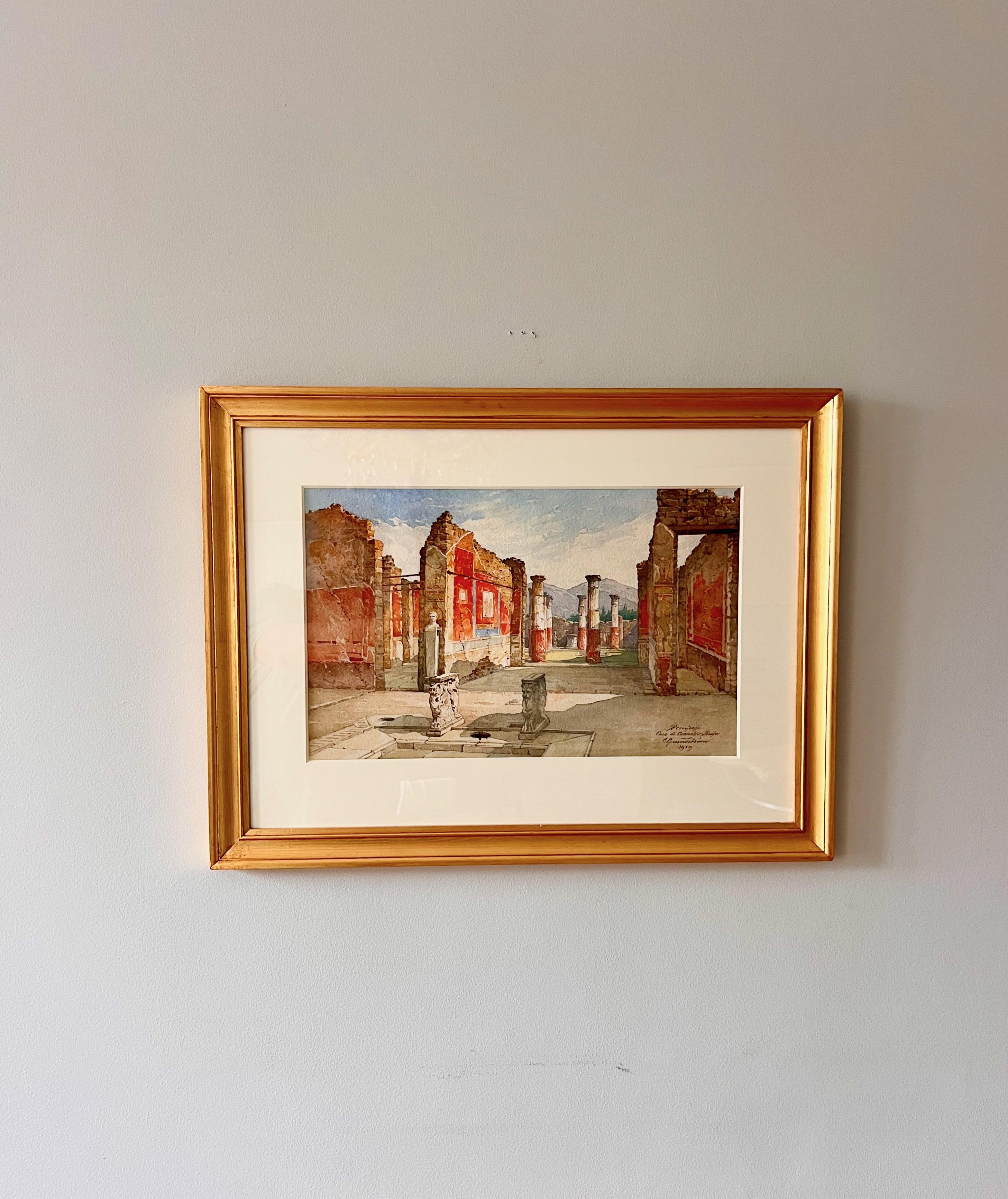 Aquarelle au motif captivant de Pompéi, avec le mont Vésuve à l'arrière-plan et, au premier plan, une vue intérieure de la Casa di Cornelio Rufo. Signé et daté 