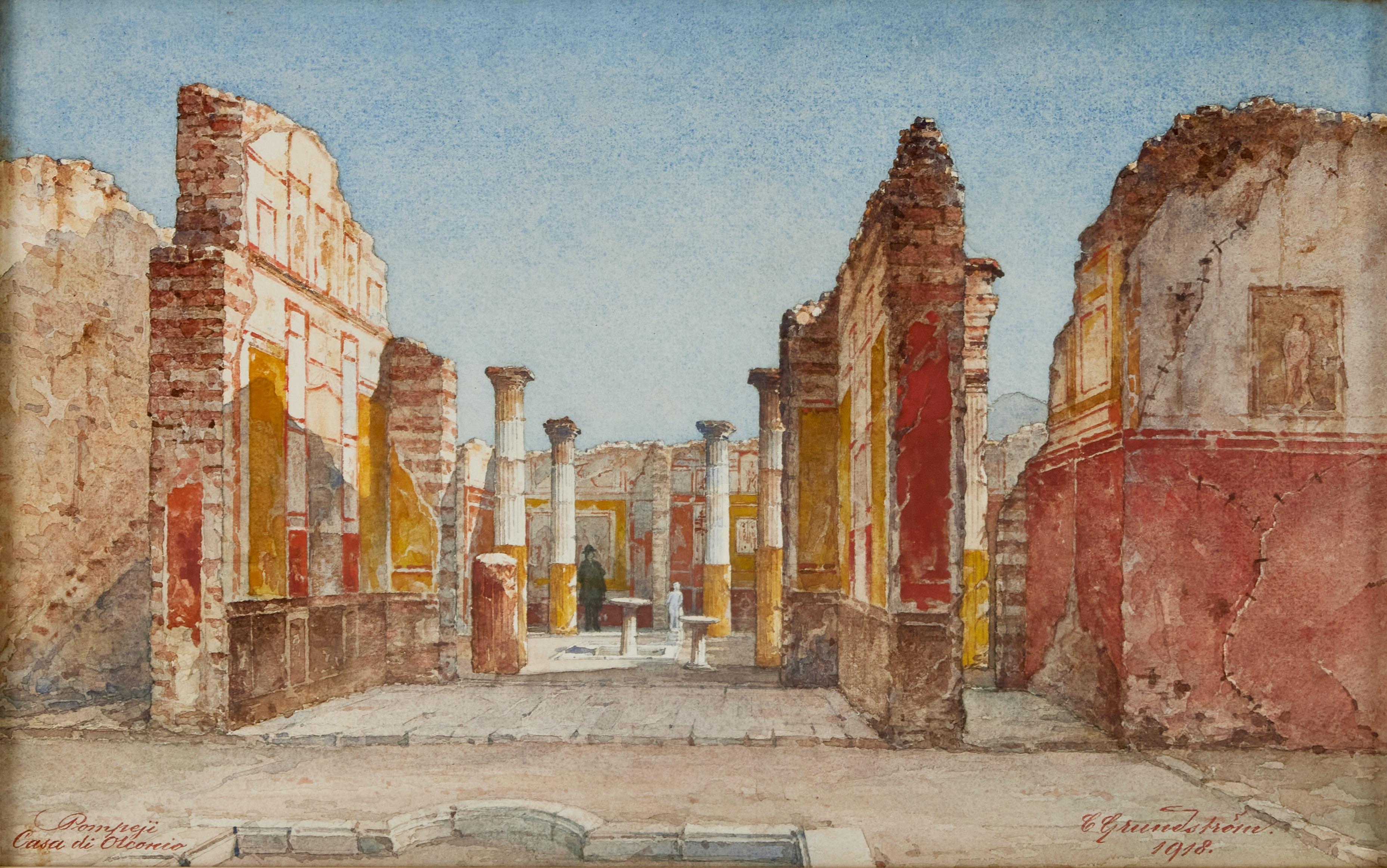 Watercolour with a captivating motif from Pompeii, with Mount Vesuvius just visible in the background and, in the foreground, an interior view from the Casa di Marco Olconio, Pompeii. Signed and dated 