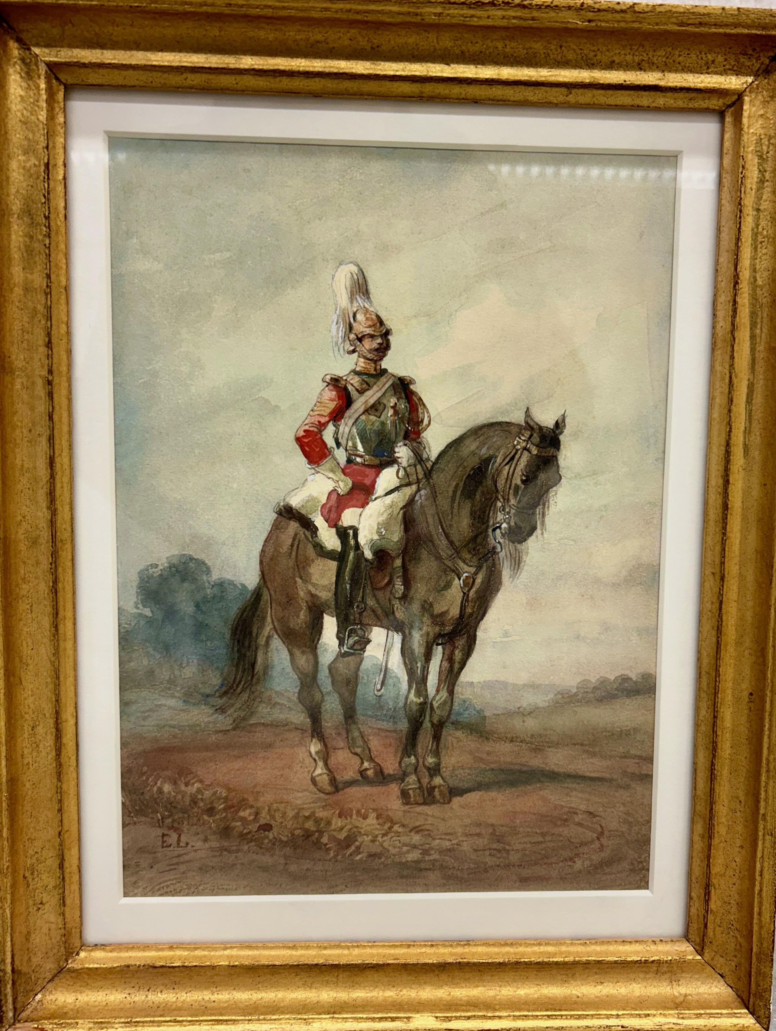 Ein fein ausgearbeitetes Aquarell auf Papier zeigt einen berittenen Kavallerieoffizier - formell in Haltung und Kostüm - gemalt mit der feinen Klarheit, für die Egron Lundgren am besten bekannt ist. Das Blatt ist mit Tinte signiert 