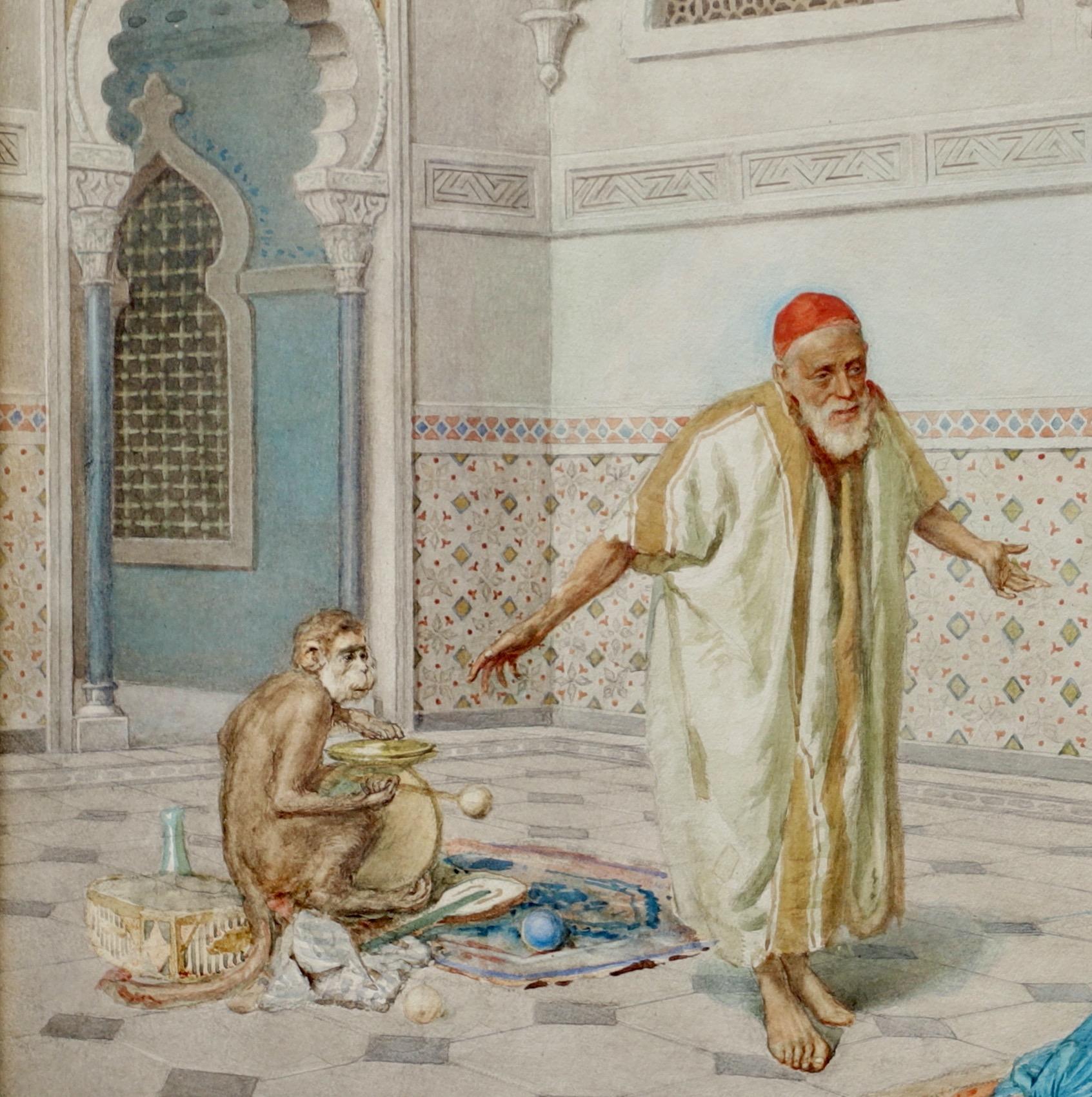 Harem Scene with Musician and Monkey - Brown Interior Art by Cleto Luzzi
