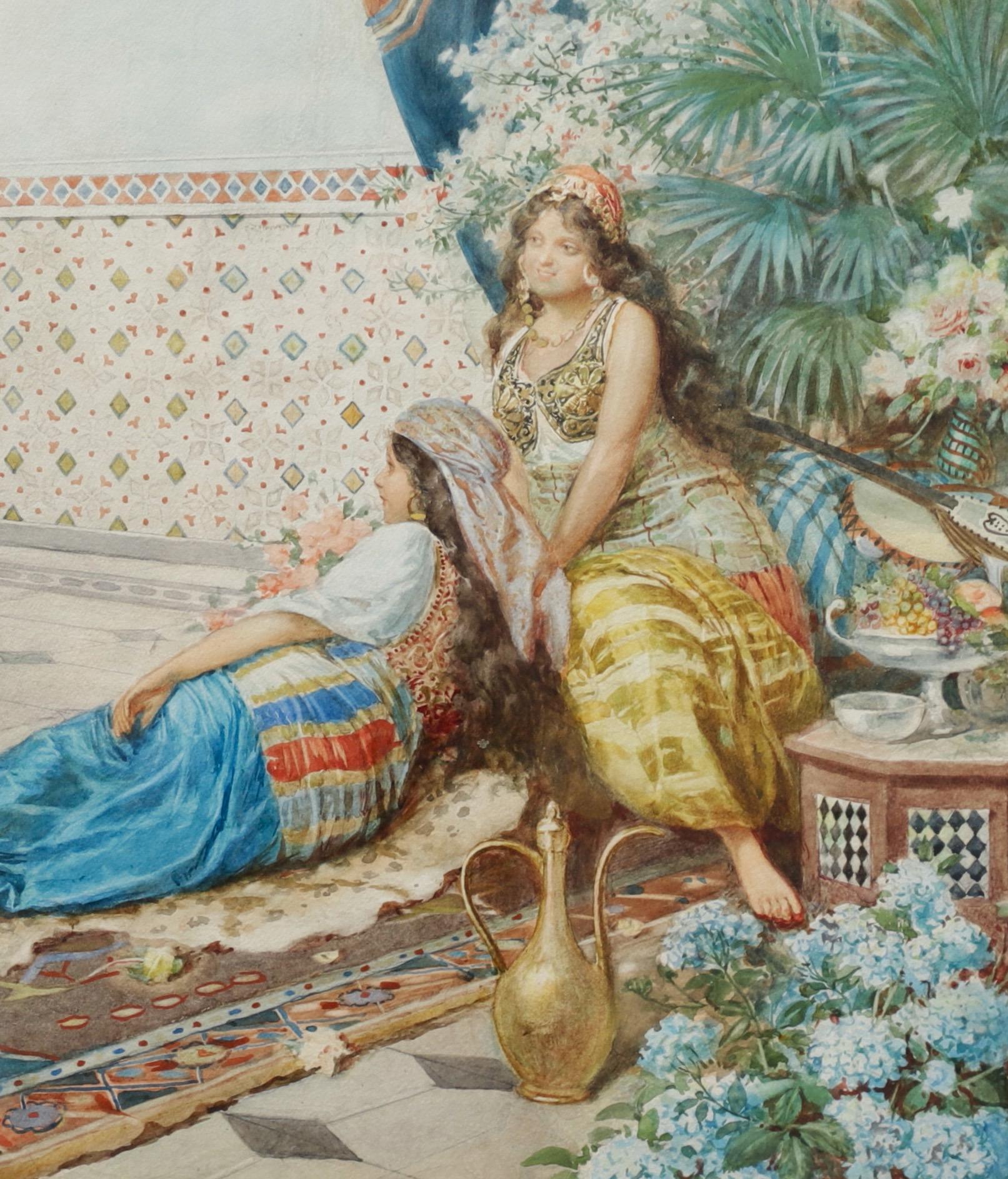 Cleto Luzzi (1884–1952)

“The Wandering Musician” signed by Cleto Luzzi (1884–1952), a watercolor on paper depicting an Orientalist scene of a musician with his instruments and a small monkey clashing cymbals, entertaining two reclining women in a