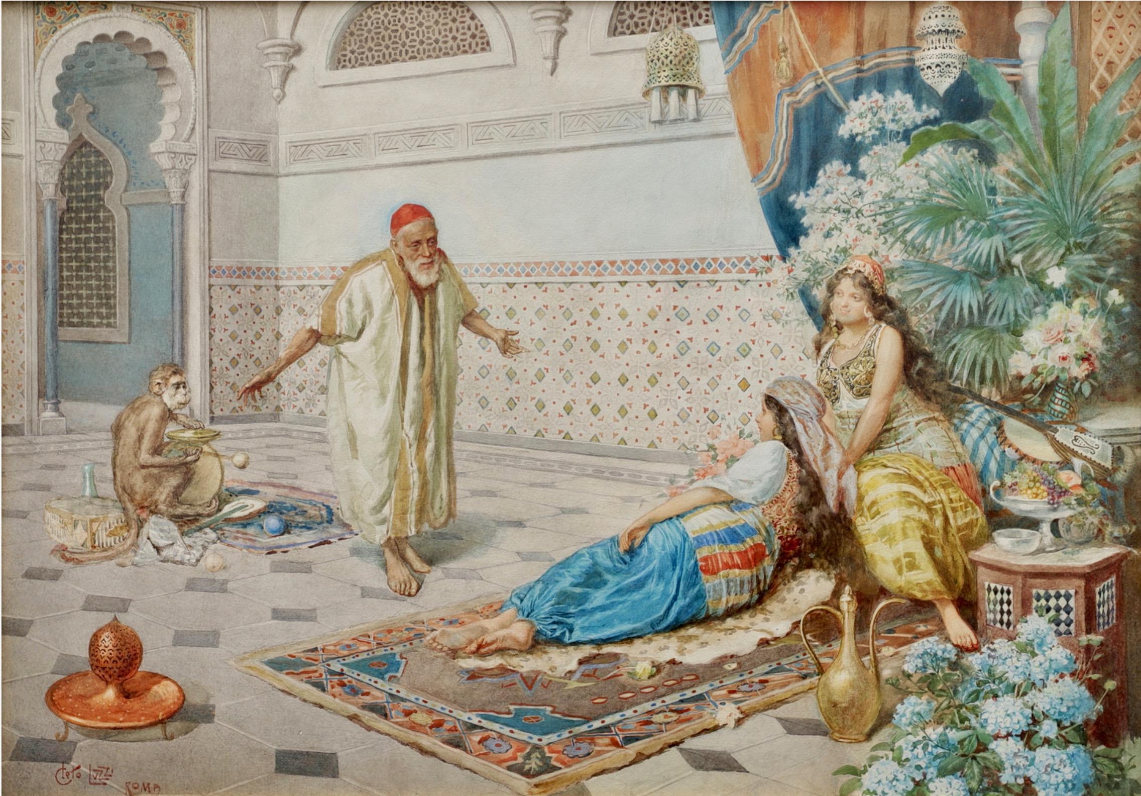Harem Scene with Musician and Monkey - Art by Cleto Luzzi