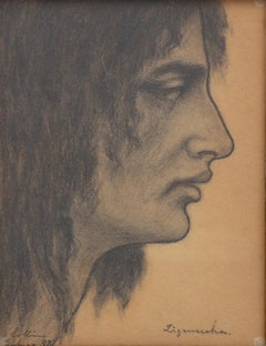 Portrait Drawing of a Gypsy Woman on Paper, Signed, 19th Century