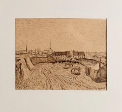 Paysage d'été avec ferme et chevaux - Dessin impressionniste
