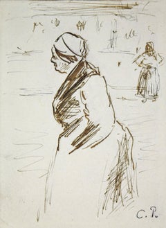 Au March par CAMILLE PISSARRO - dessin à l'encre du maître impressionniste