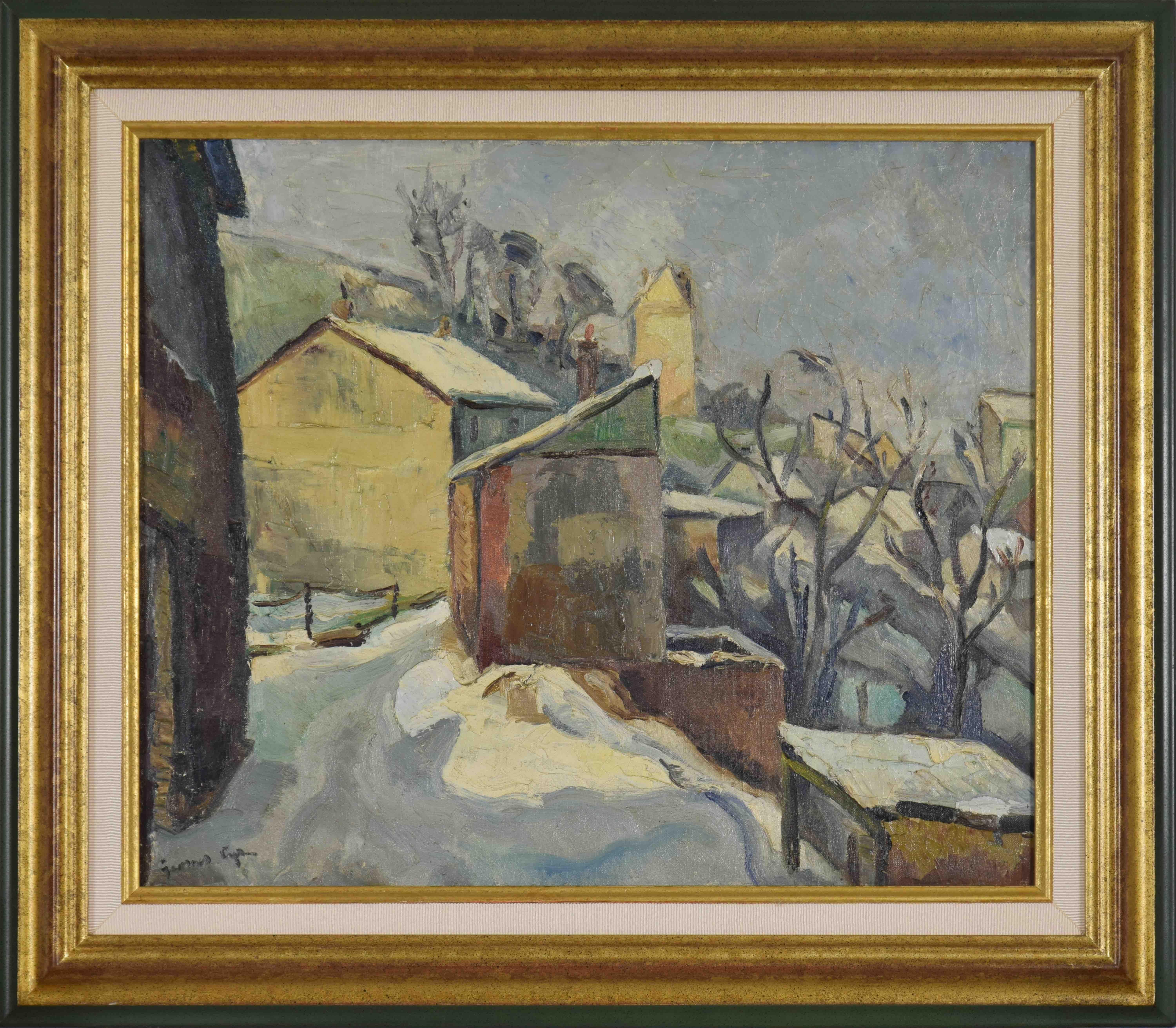 Neige à Rouen by GEORGES CYR - Snow scene, landscape painting, oil on canvas - Painting by Georges Cyr