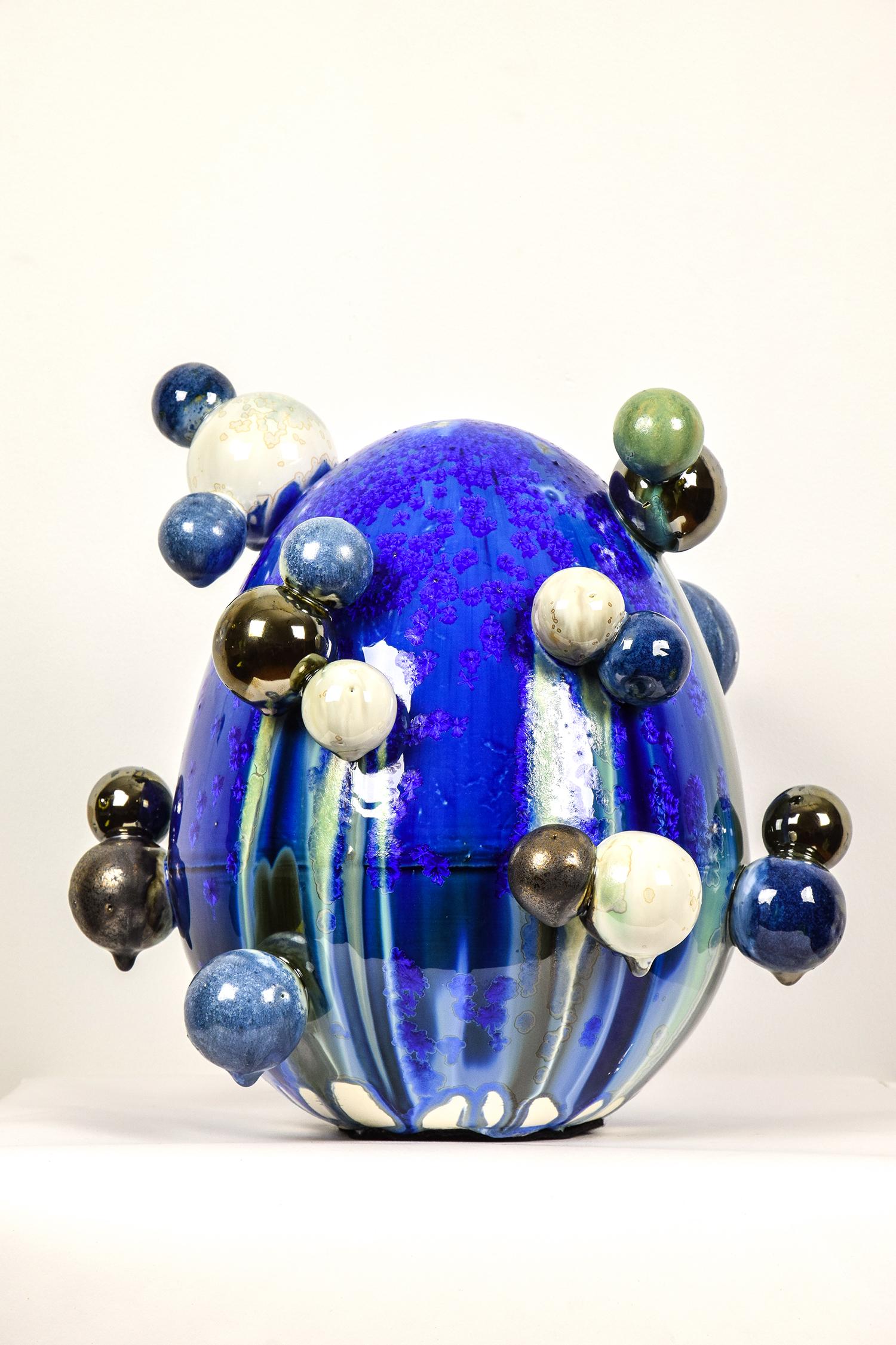 Nam Tran Abstract Sculpture - Atomic Egg by NAM TRAN - Unique Hand-Made Sculpture, Blue Egg, Porcelain Art