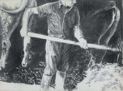 Large black and white drawing by Yvon Pissarro titled Farmhand in a Cowshed