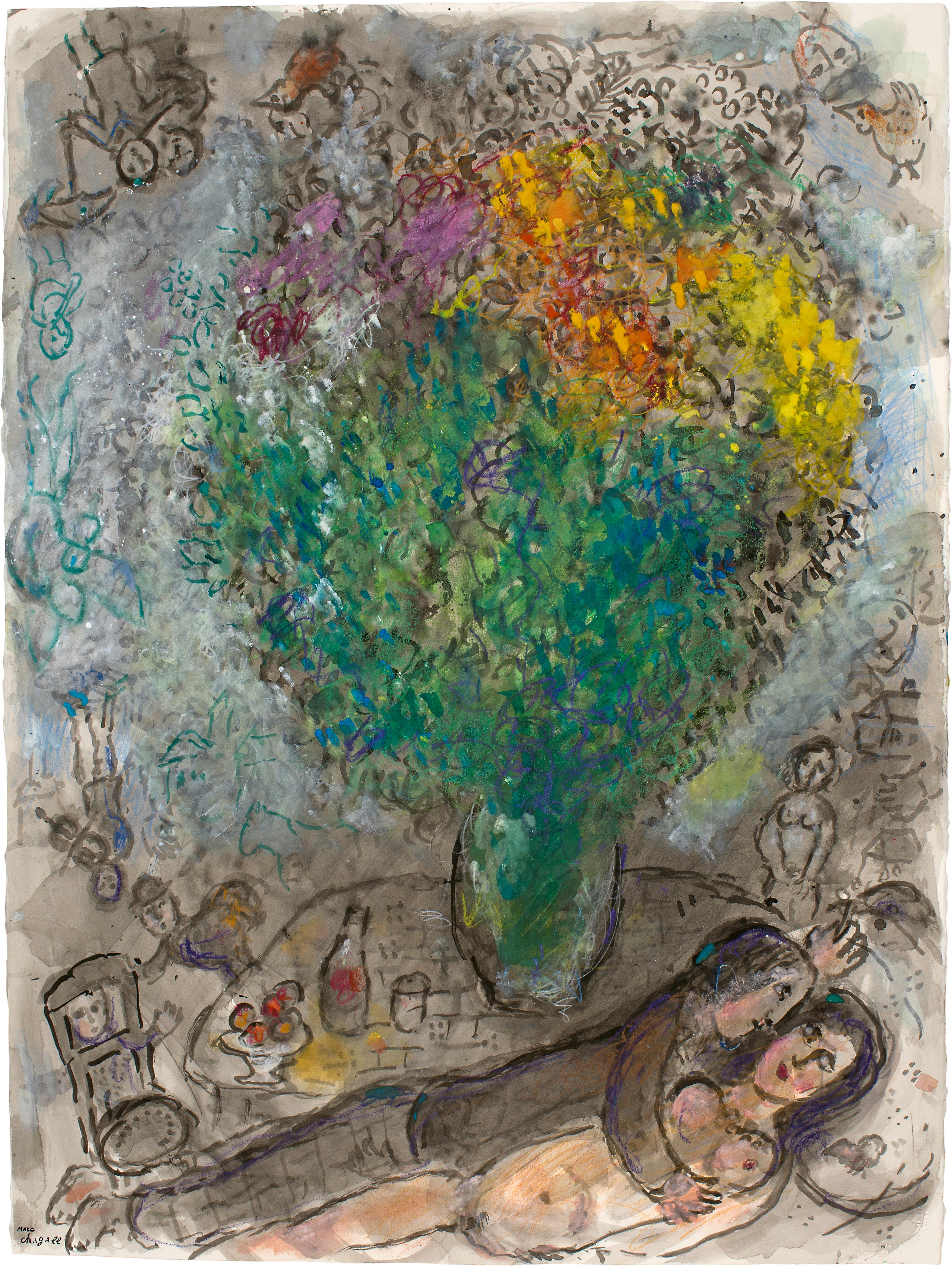 Marc Chagall - Couple Allongé au Grand Bouquet de Marc Chagall - peintre  russe En vente sur 1stDibs