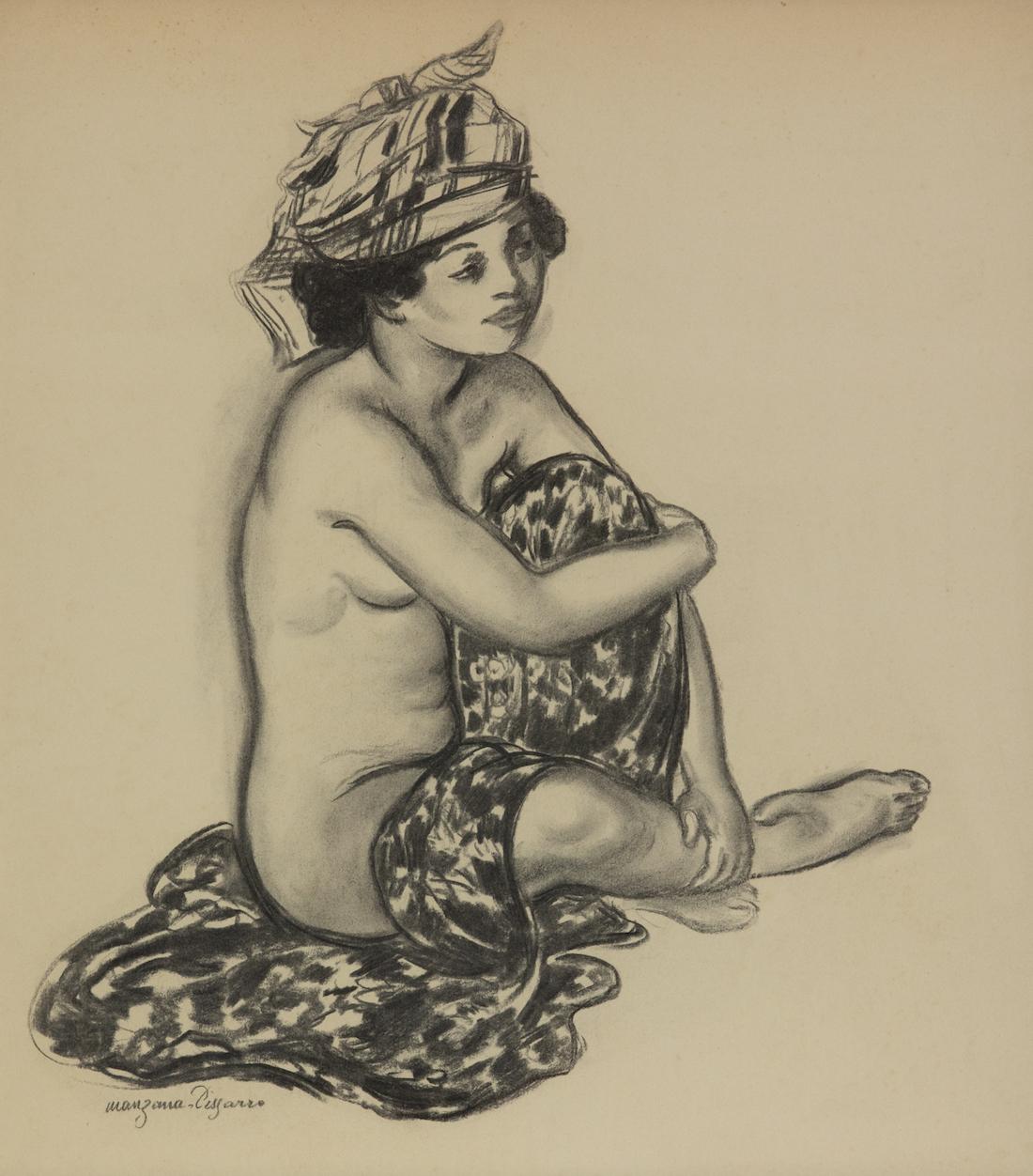 Georges Henri Manzana Pissarro Figurative Art - Créole au turban by Georges Manzana Pissarro - Charcoal on paper