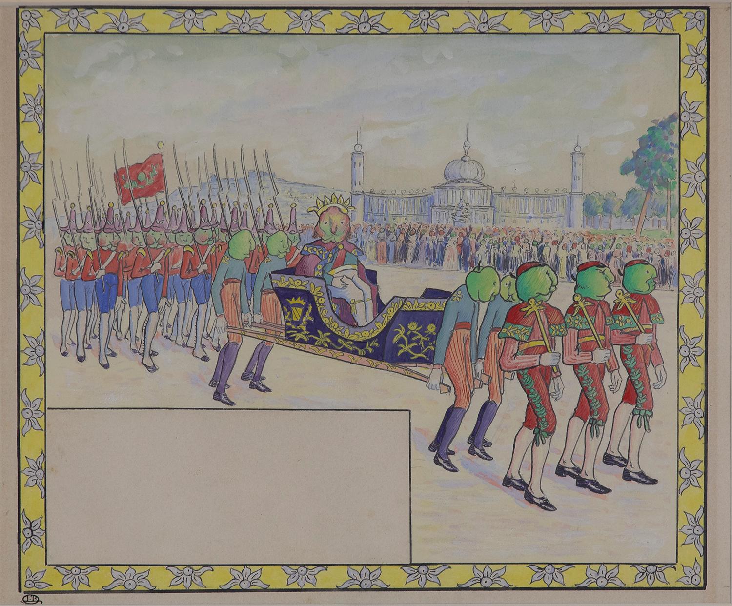 Le Défilé Royal (Illustration pour Voyage au Pays des Pommes) par Lucien Pissarro (1863-1944)
Aquarelle sur papier
22,5 x 26 cm (8 ⅞ x 10 ¼ inches)
Signé en bas à gauche avec le monogramme

Cette œuvre est accompagnée d'une lettre d'authenticité de