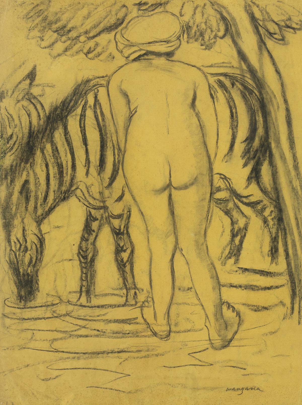 Georges Henri Manzana Pissarro Animal Art - Jeune Femme de Dos au Zèbre by Georges Manzana Pissarro - Nude drawing
