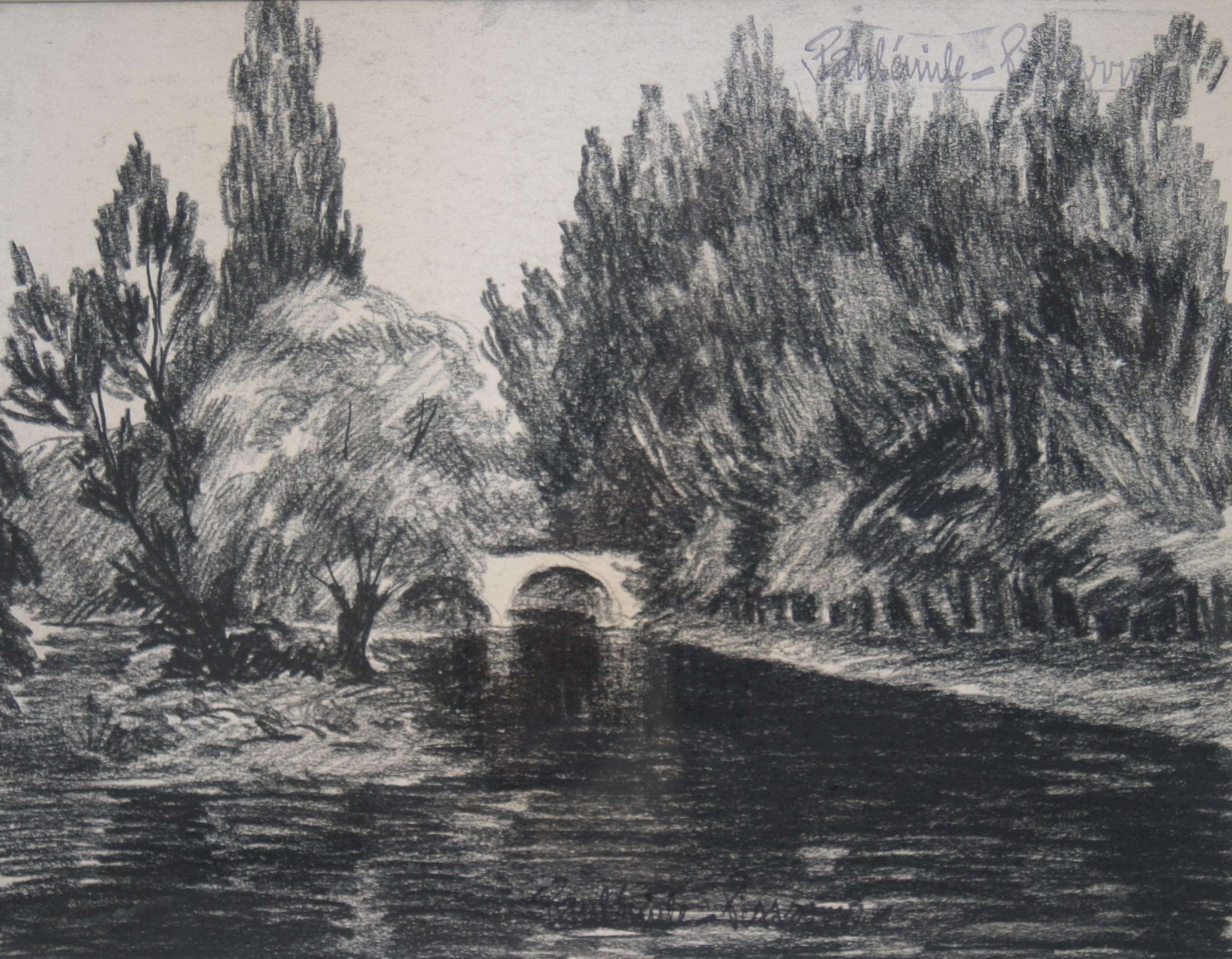 Paul Emile Pissarro Figurative Art – Le Pont du Vey von Paulémile Pissarro - Kohlestiftzeichnung