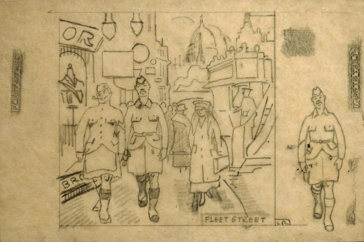 Fleet Street by Ludovic-Rodo Pissarro (1878-1952)
Pencil on paper
12.5 x 19 cm (4 ⁷/₈ x 7 ¹/₂ inches)
Initialled and titled lower right
Executed circa 1918

This is the original preparatory drawing for a woodcut Rodo made of Fleet
