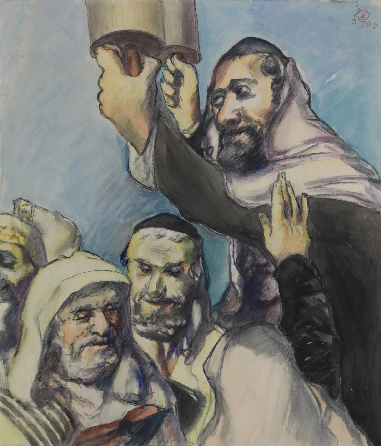 Lifting the Torah by Ludwig Meidner (1884-1966)
Watercolour on paper
67 x 56 cm (26 ³/₈ x 22 inches)
Signed upper right, LM
Executed in 1943

