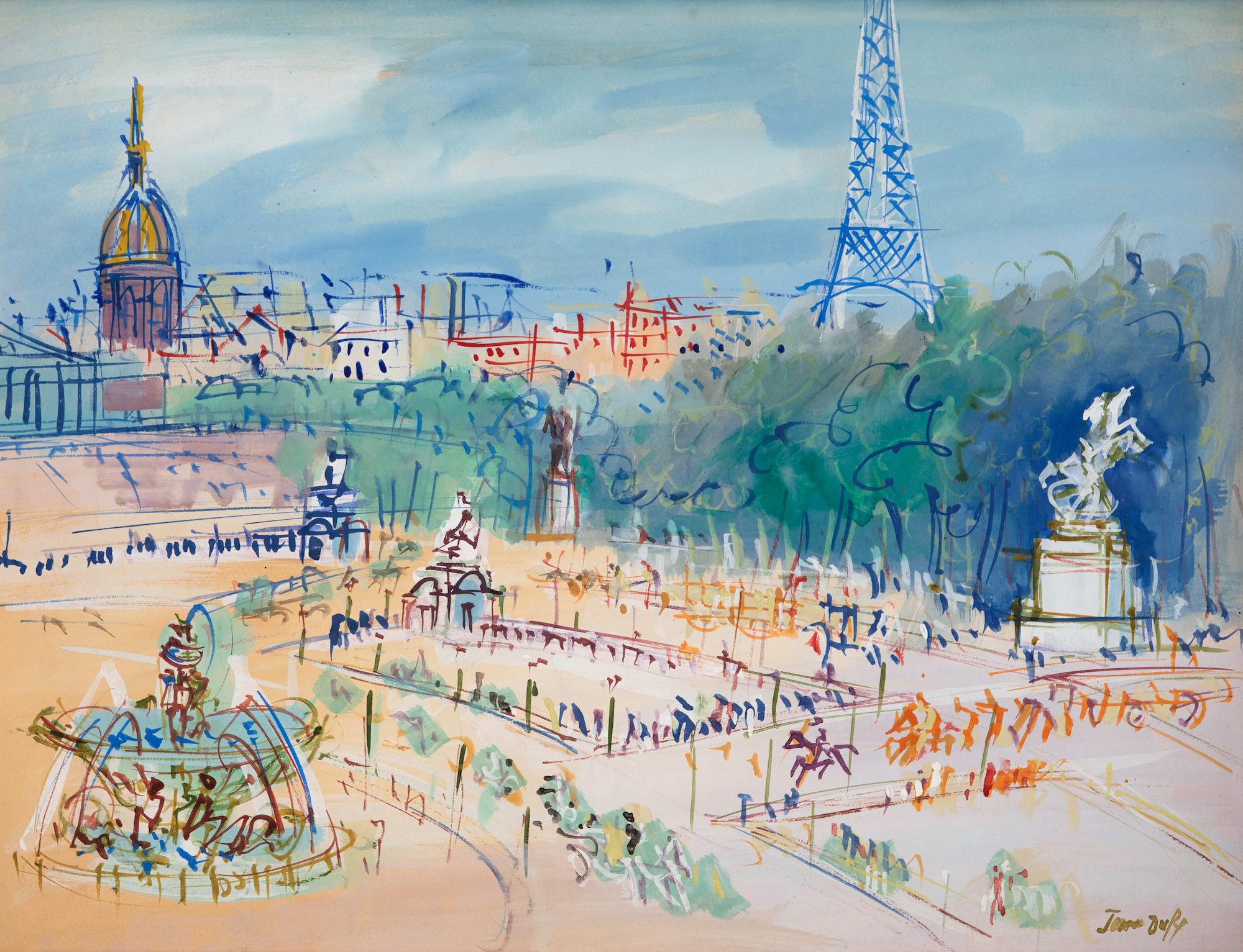 Place de la Concorde par Jean Dufy - Techniques mixtes sur papier, scène parisienne