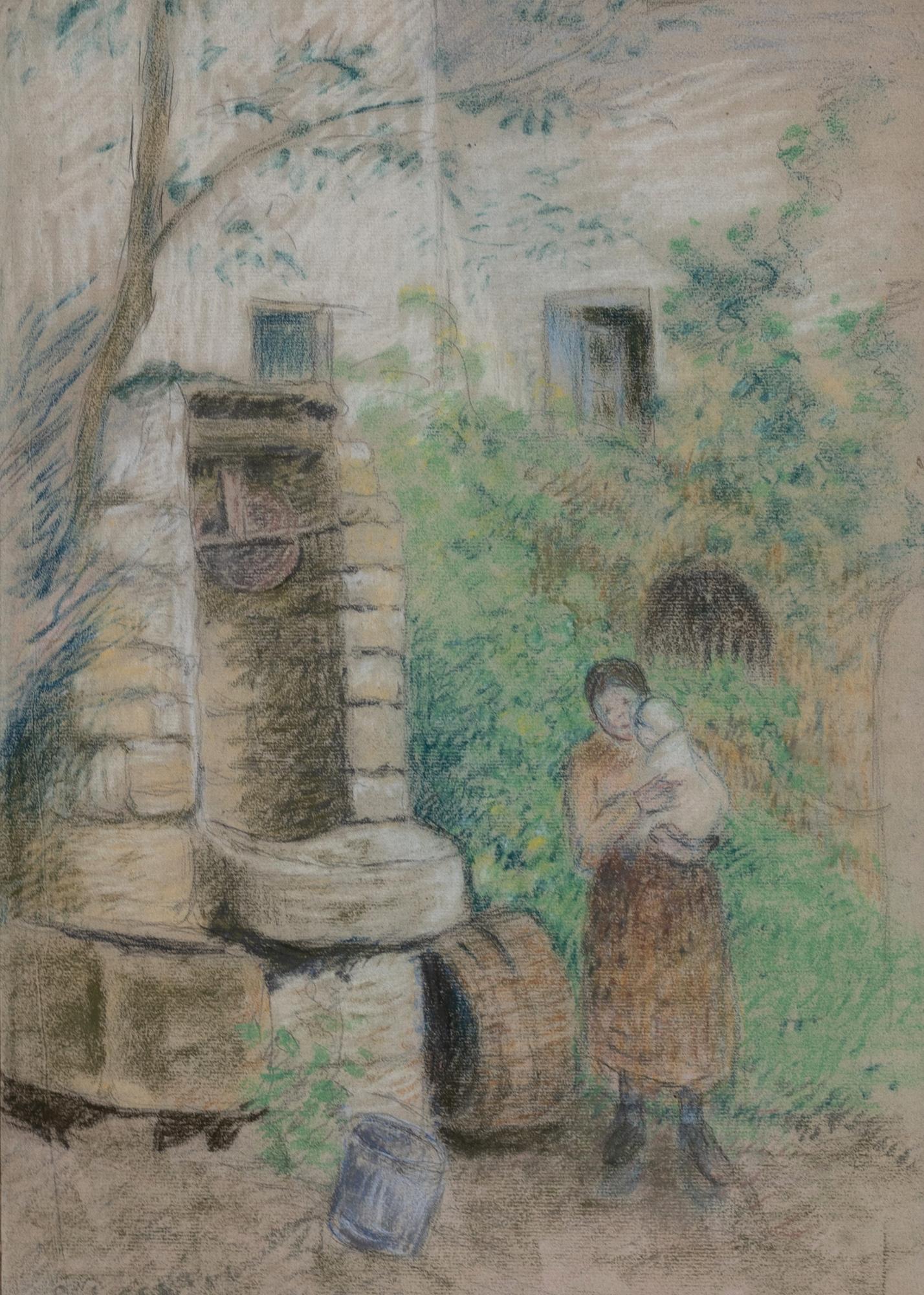 Femme et enfant près d’un puit by Camille Pissarro - Pastel and charcoal