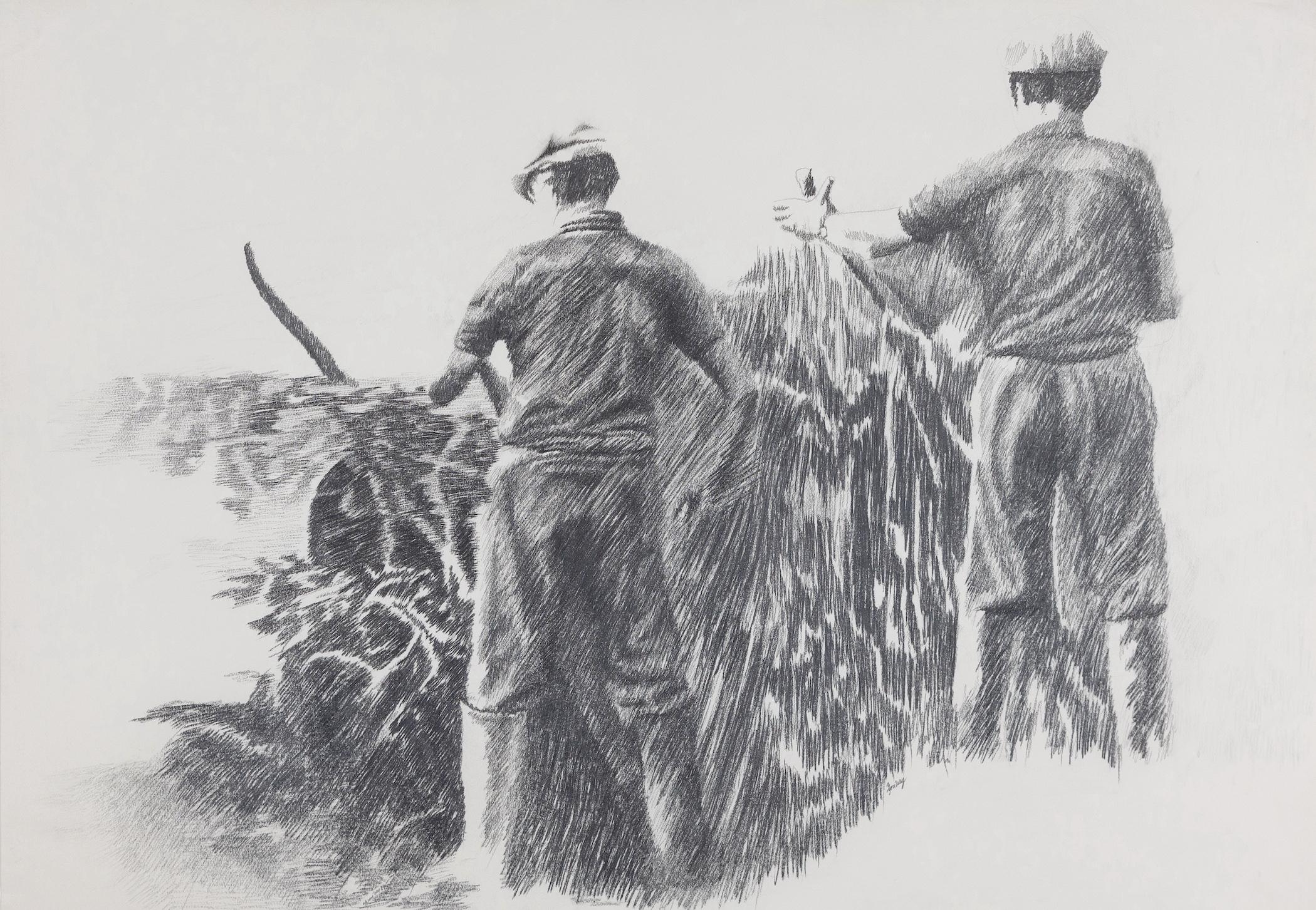 Farmhands by Yvon Pissarro (b. 1937)
Pencil on paper
75 x 108 cm (29 ¹/₂ x 42 ¹/₂ inches)
Signed lower right, Yvon Vey

Provenance: Studio of the Artist, Montpellier

Artist biography:
The son of Paulémile and grandson of Camille Pissarro, Yvon