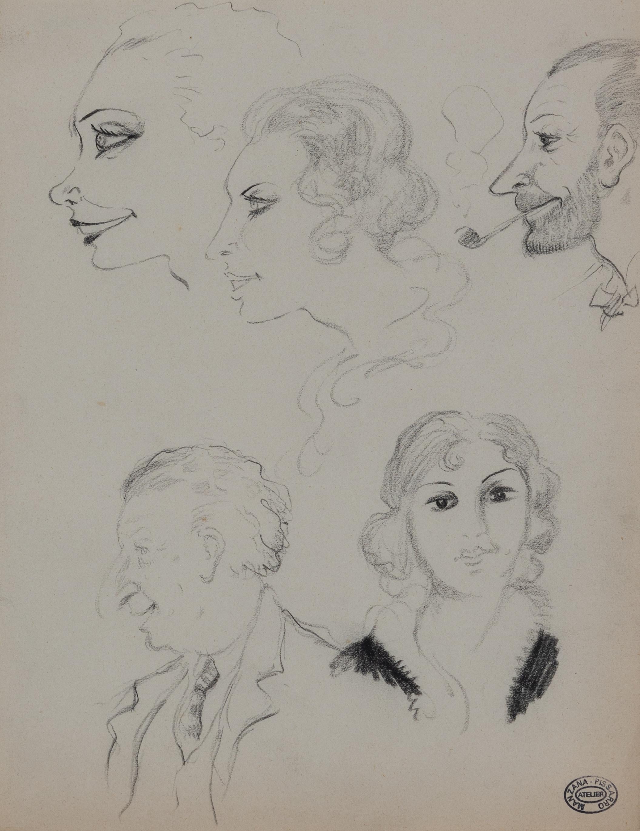 Georges Henri Manzana Pissarro Figurative Art - Study of Heads by Georges Manzana Pissarro - Drawing