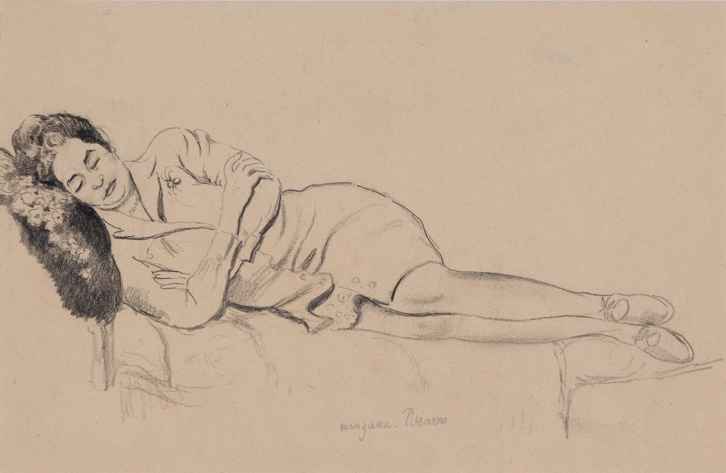 Georges Henri Manzana Pissarro Figurative Art – Roboa schlafend (Die Ehefrau des Künstlers) von Georges Manzana Pissarro – Zeichnung